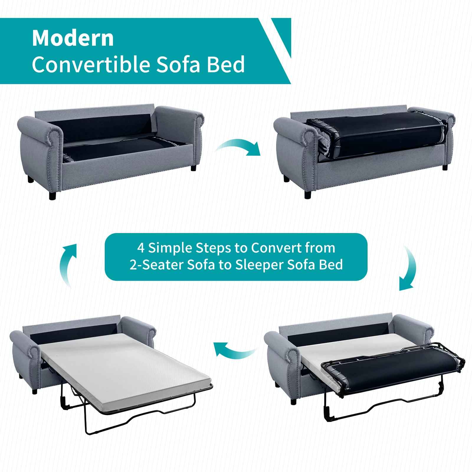 BALUS 2-in-1 Pull Out Sofa Bed, Upholstered 2 Seat Loveseat Sofa, Queen Size Convertible Couch Bed with Mattress Sleeper Sofa Couch for Living Room Apartment Office,Grey