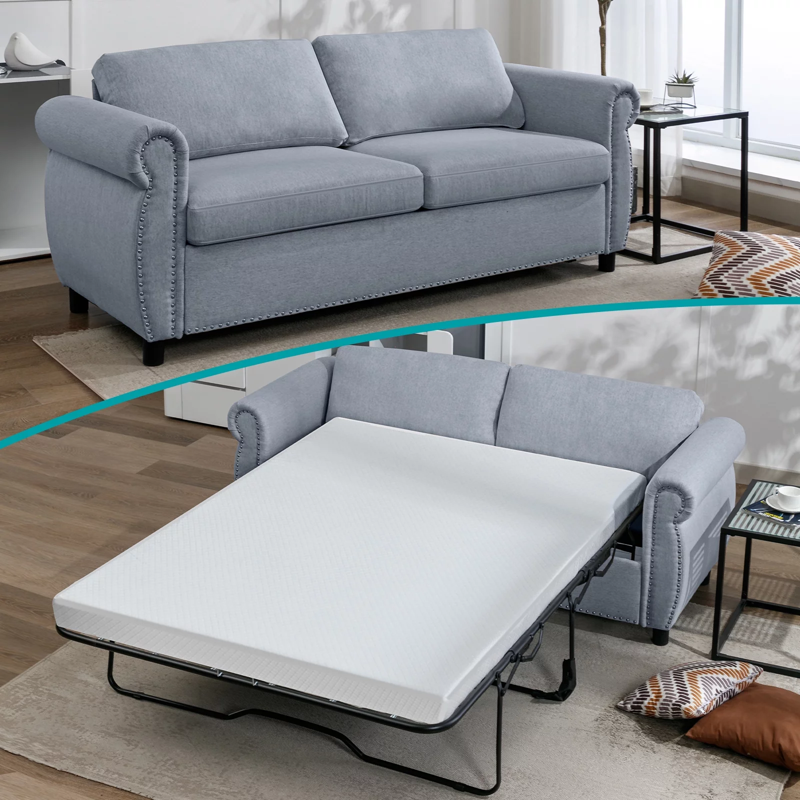 BALUS 2-in-1 Pull Out Sofa Bed, Upholstered 2 Seat Loveseat Sofa, Queen Size Convertible Couch Bed with Mattress Sleeper Sofa Couch for Living Room Apartment Office,Grey