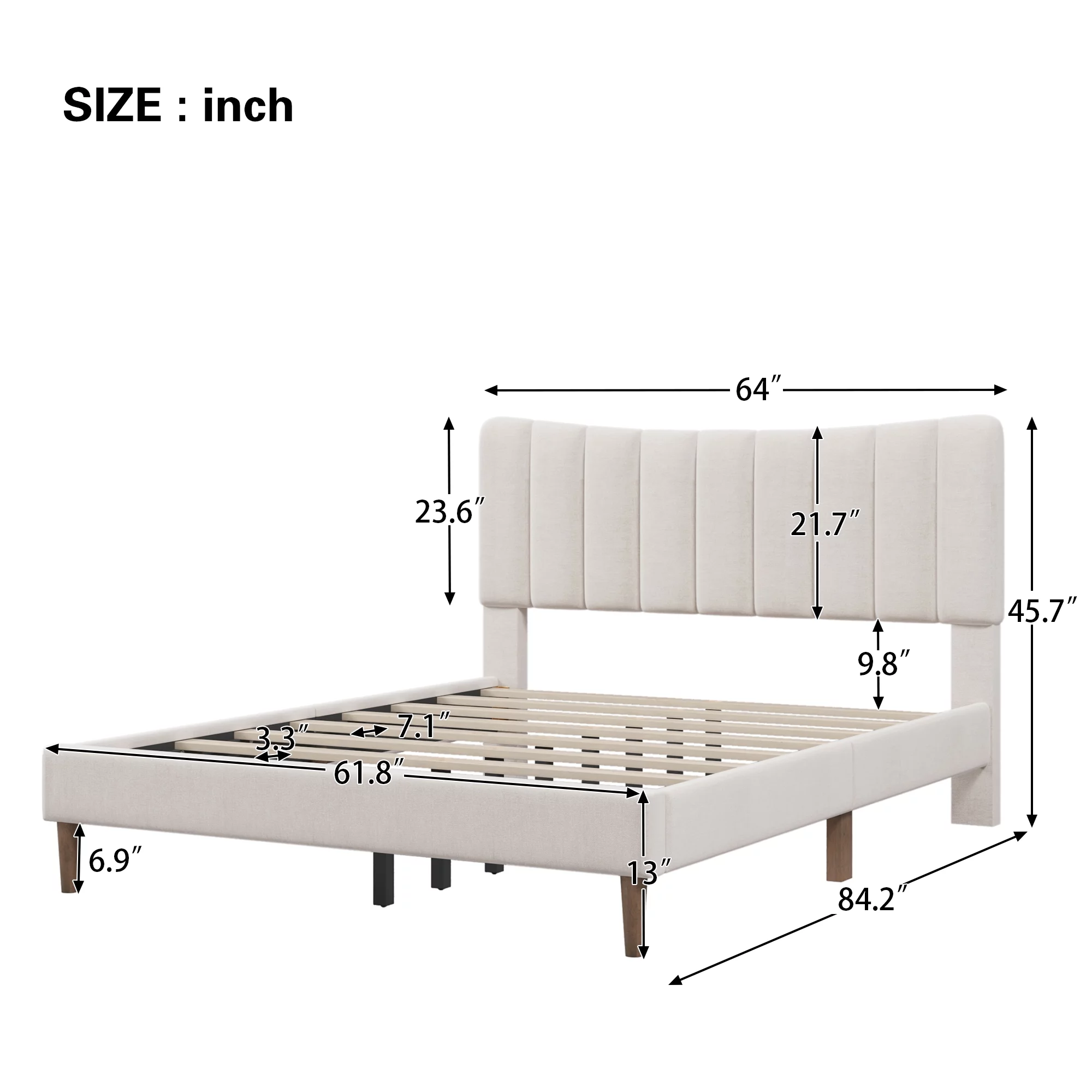 Paproos Queen Bed Frame with Headboard, Upholstered Platform Bed with Solid Wood Legs, No Box Spring Needed, Modern Bedroom Furniture Queen Size Bed for Teens Adults, 800lbs Capacity, Cream