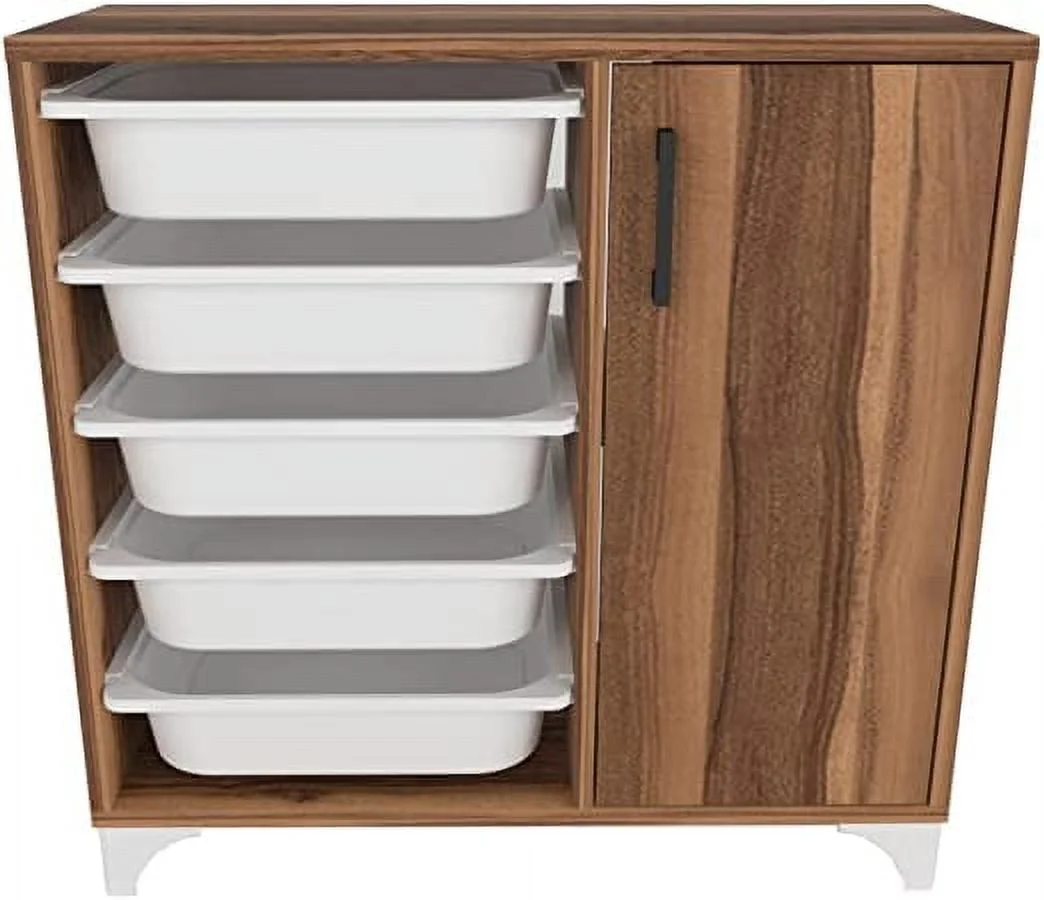Comfyt Toy Storage Closet Organizer and Storage Bins Dresser Drawer Chest Shelves Shoe Cabinet Rack Bookshelf Bathroom Office Kitchen Pantry Organizer Garage Organization (Walnut 5 Basket with Door