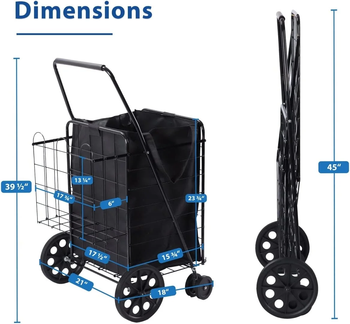 Folding Grocery Basket Cart Shopping Wheels Large Metal Utility Laundry