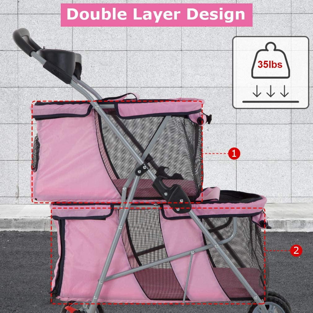Dkelincs Double Tier Dog Stroller Cat Stroller Travel Folding Pet Stroller 4 Wheels Jogger Stroller with Removable Pad & Cup Holder, Pink
