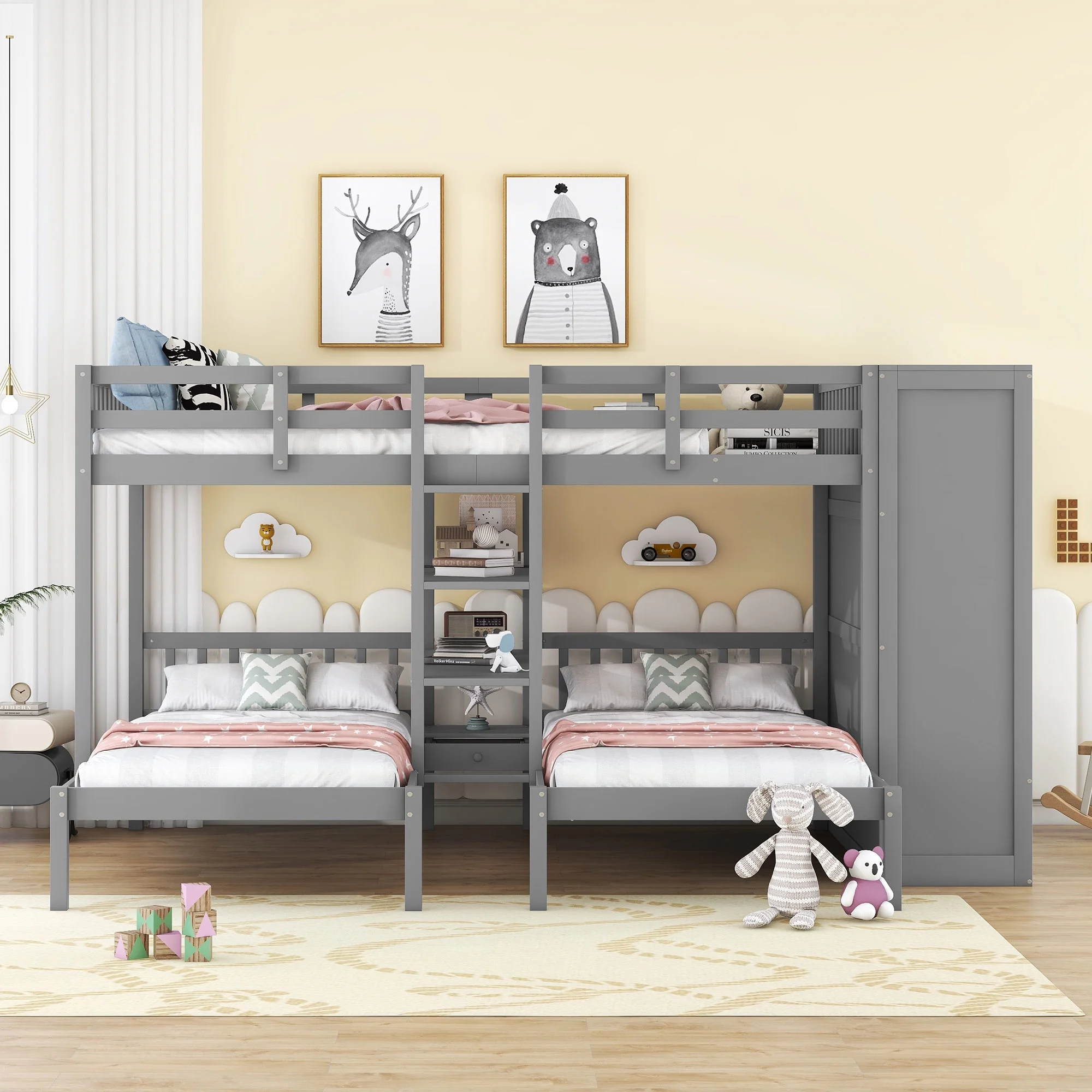 Churanty Full-Over-Twin-Twin Bunk Bed with Shelves, Wardrobe and Mirror, Gray