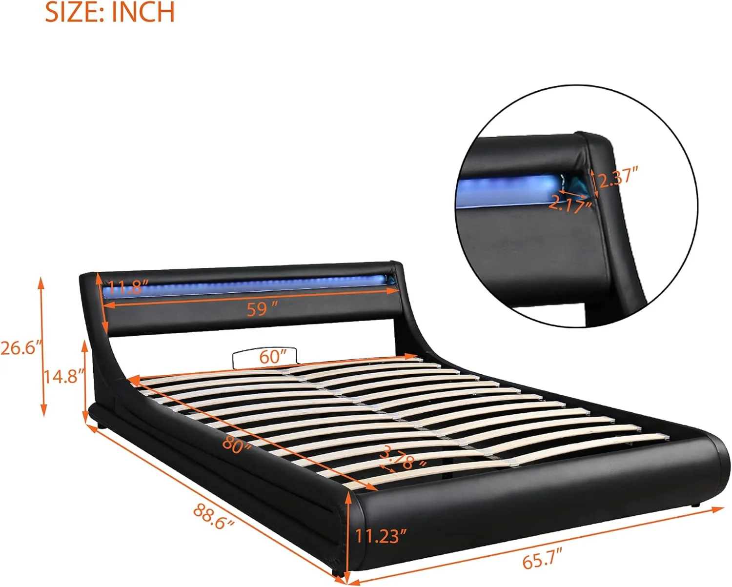 Quee Size Faux Leather Upholstered Platform Bed With A Hydraulic Storage System/16 LED Lights Headboard/Bed Frame With Slatted, Gas Lift Storage Bed With LED o Box Sprig Required