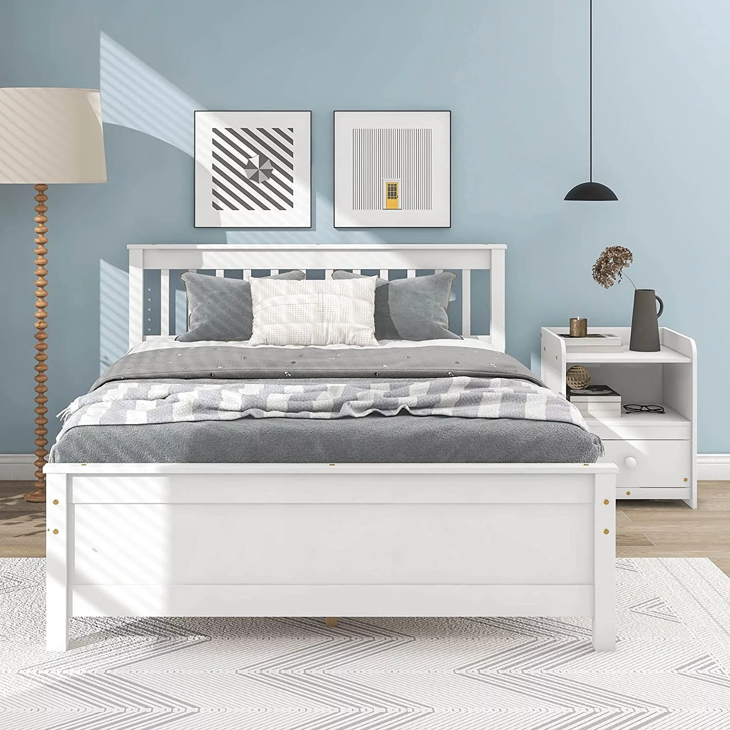 Full Bed Frame with Nightstand Full Size Bed Frame for Kids, Teens, Adults with Slats, Headboard & Footboard, Wood Full Size Platform Bed for Bedroom Small Living Space, No Box Spring Needed-White