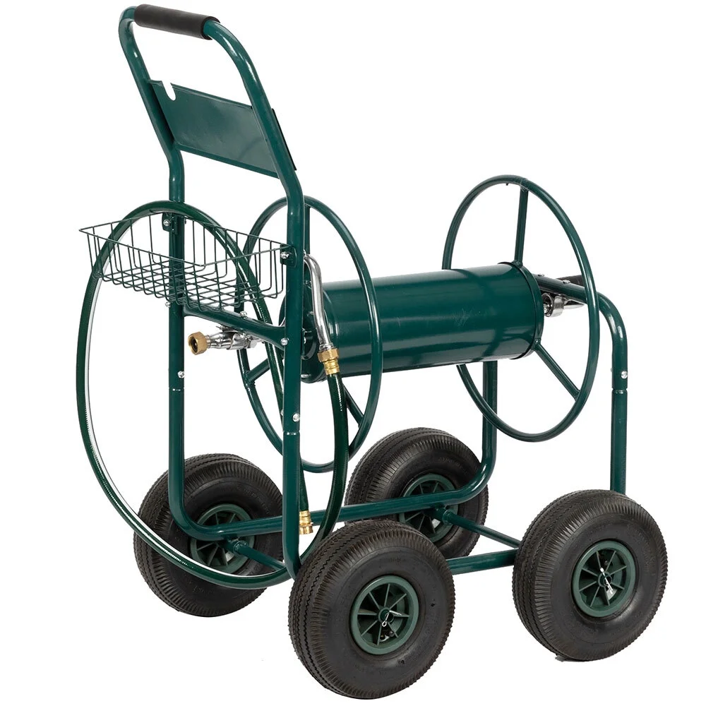 Oufan Garden Hose Reel Cart, Lawn Water Planting Cart with Wheels, Heavy Duty Outdoor Yard Water Planting Truck Holds 300-Feet of 5/8-Inch Hose with Storage Basket for Patio Farm(Green)