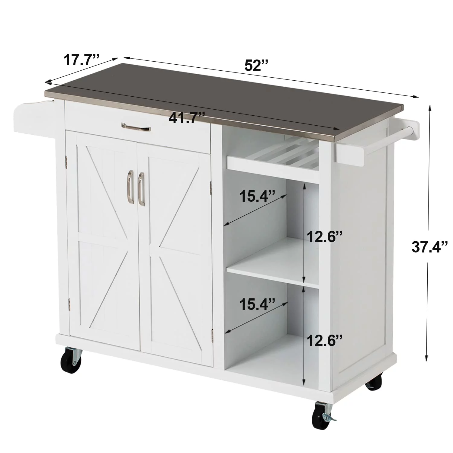 Rolling Kitchen Island Cart with Stainless Steel Top and Wine Rack, Kitchen Island on Wheels with Drawer & Open Shelves & Spice Rack(White-Stainless Top)