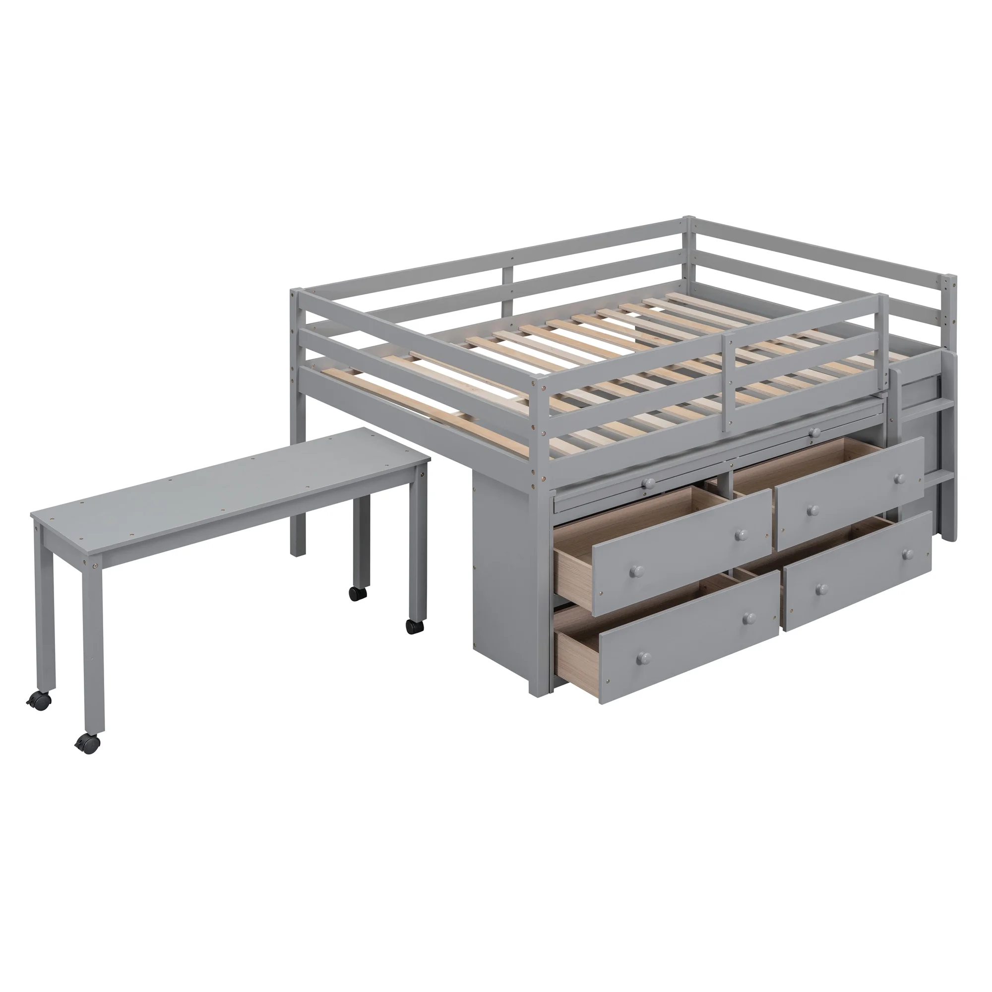 CoSoTower Full Size Loft Bed with Retractable Writing Desk and 4 Drawers, Wooden Loft Bed with Lateral Portable Desk and Shelves, Gray
