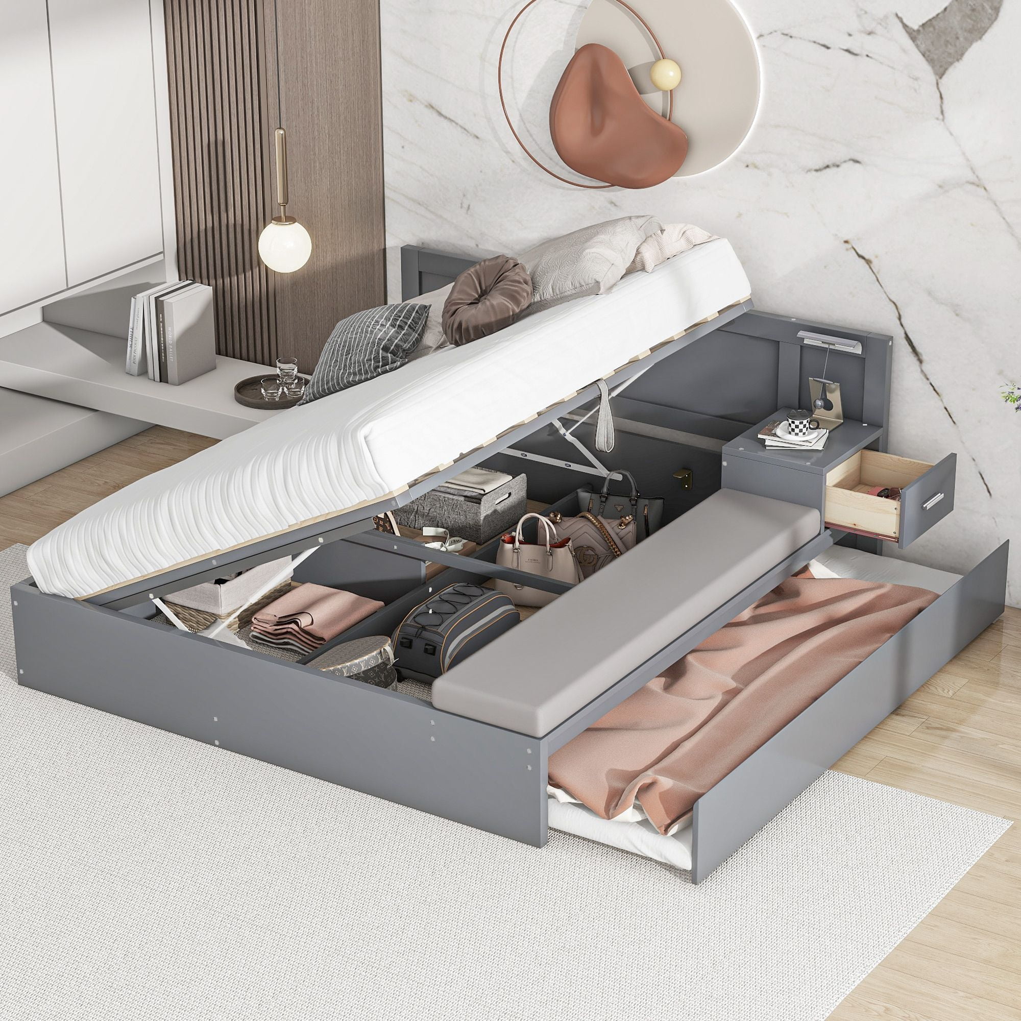 Full Size Solid Storage Hydraulic Wood Bed Frame with Twin Size Trundle, Side Table and Lounge, Platform Bed Frame, Mid Century Bedframe, Wood Foundation(Gray, Full)