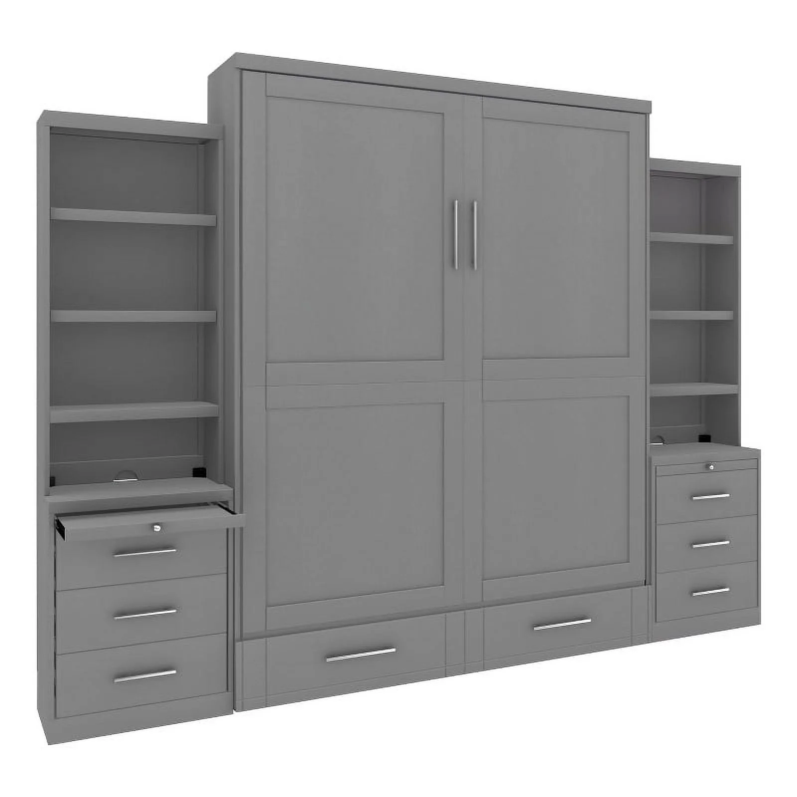 RoomAndLoft Queen Wood Murphy Wall Bed & 2 Shelf Storage Units in Gray