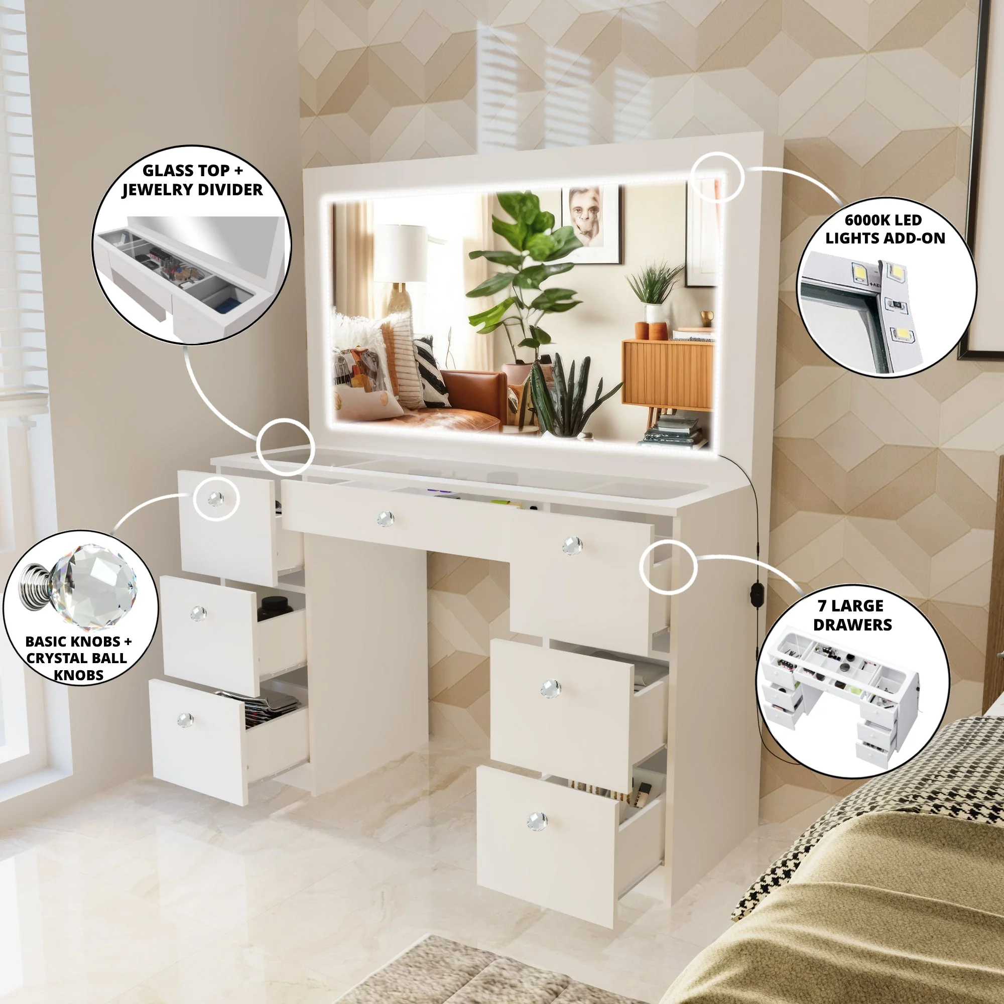 Boahaus Seraphine White Modern Vanity Desk with Mirror, LED Lights, 7 Drawers, Crystal Ball Knobs, for Bedroom