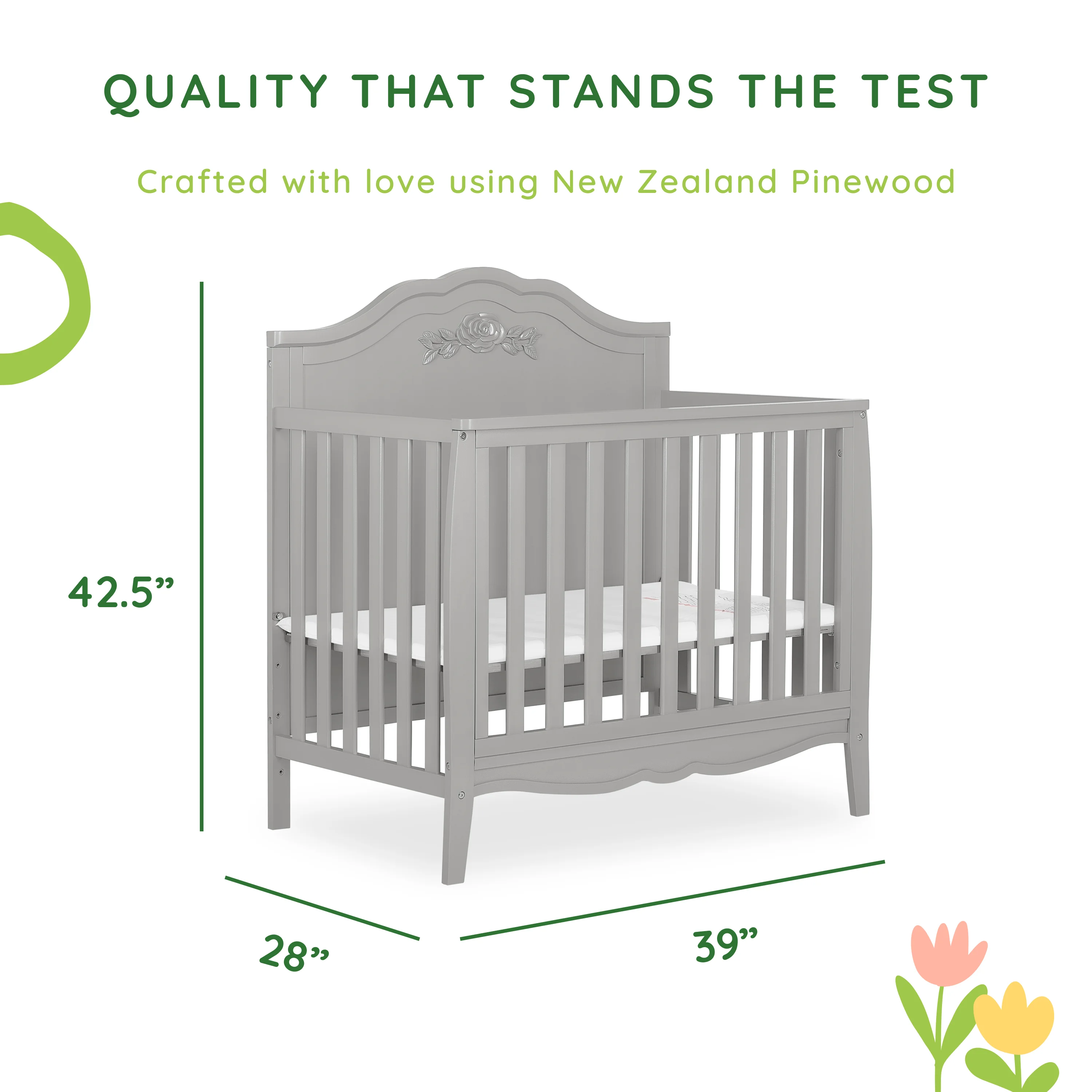 SweetPea Baby Rose 4-in-1 Convertible Mini Crib in Platinum, JPMA Certified Baby Crib, Non-Toxic Finish, New Zealand Pinewood, with 3 Mattress Height Settings Crib Platinum
