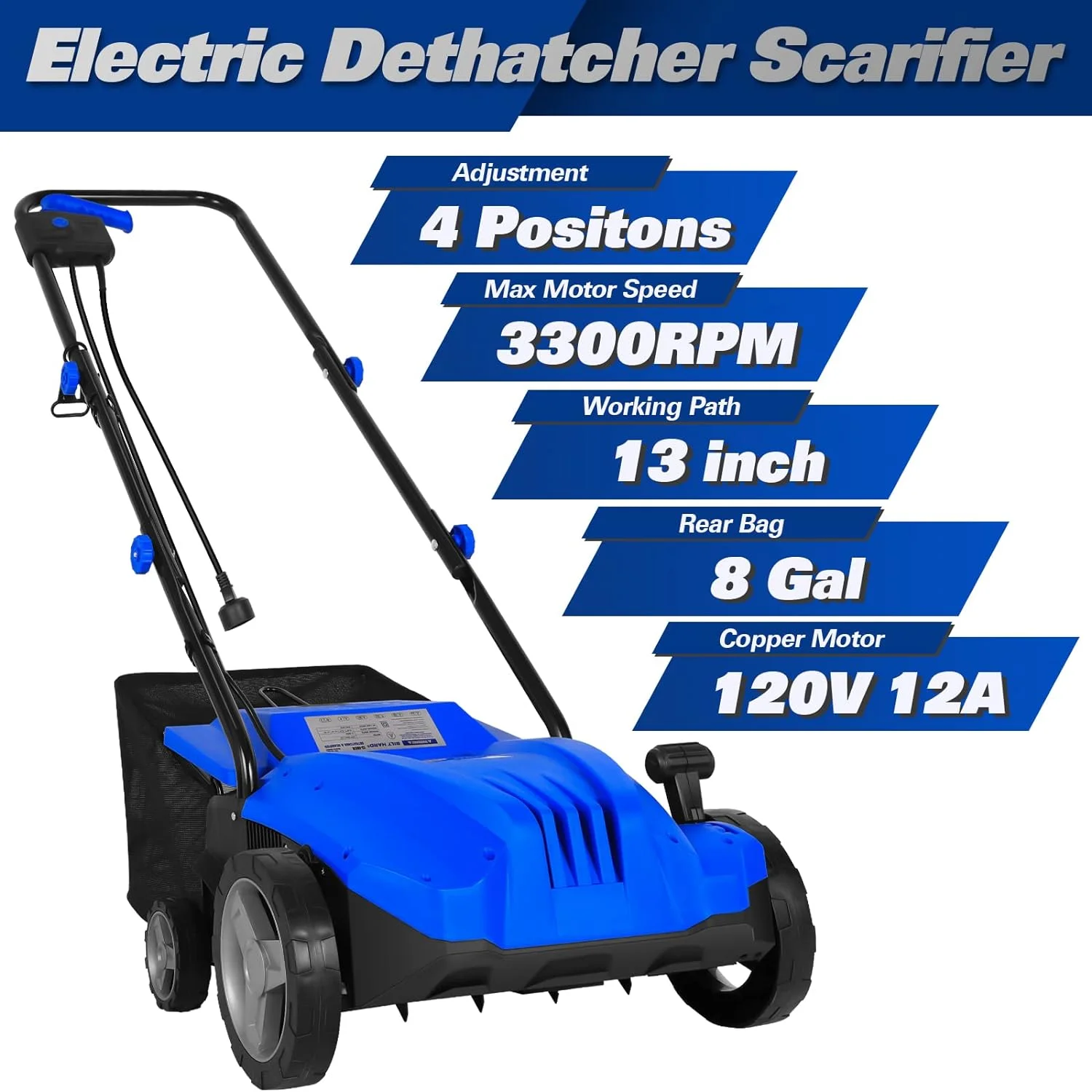 BILT HARD Dethatcher Scarifier Electric Powered, 12 Amp Copper Motor 13 inch Raking Width with 8 gal Thatch Bag