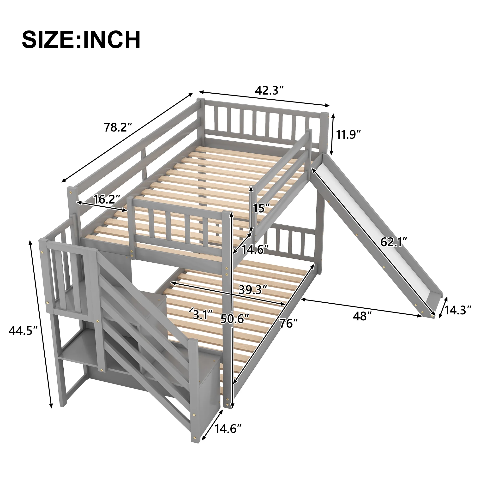 Livspace Twin over Twin Bunk Bed with Convertible Slide and Stairway Gray