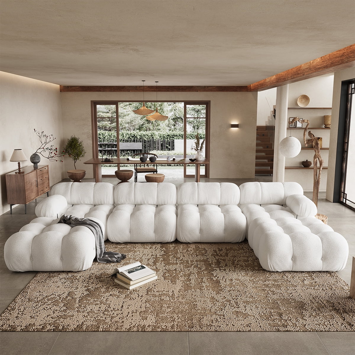 Indecor Home Modular Sectional Sofa, Modern Boucle 4 Seater with 2 Ottomans Convertible Sofas for Living Room White