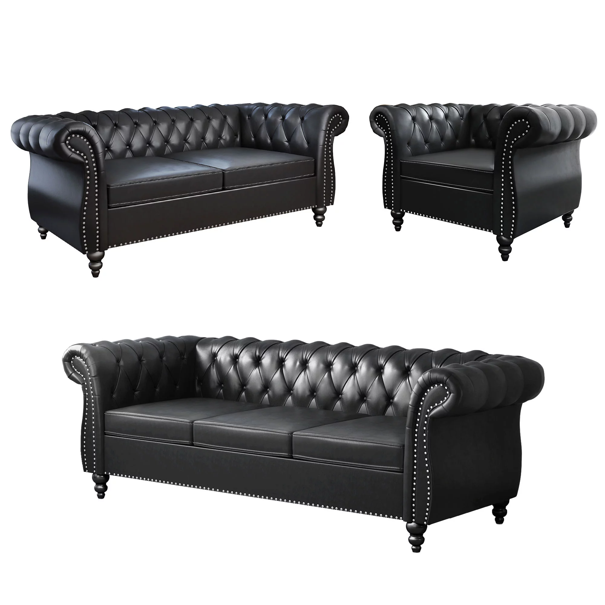Yocwo Faux leather Couches Set for Living Room,3 Piece Sofa with Including Three Seat Sofa, Loveseat and Single Chair for Apartment Furniture Set (Black)