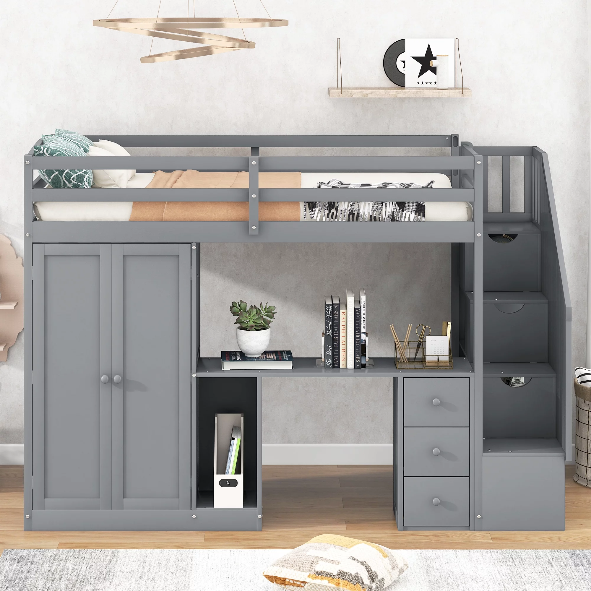 CoSoTower Twin Size Loft Bed With Wardrobe And Staircase, Desk And Storage Drawers And Cabinet In 1, Gray
