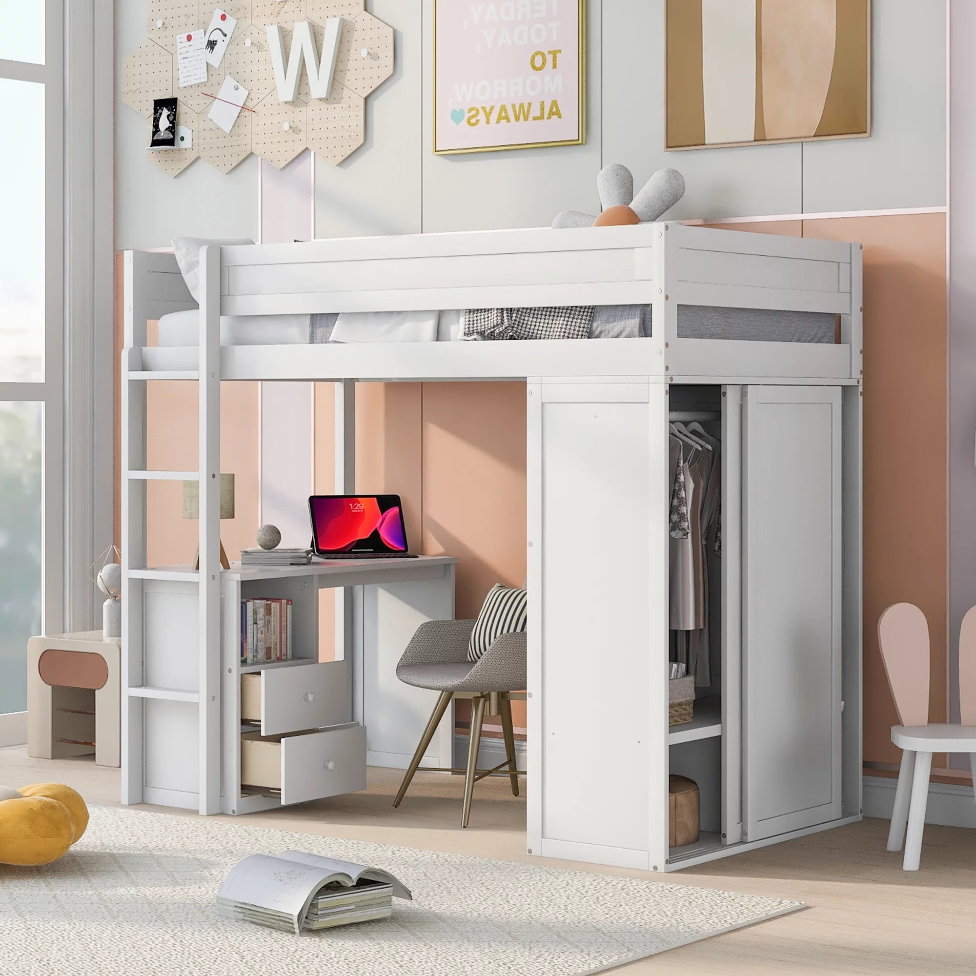 Twin Wood Loft Bed with Wardrobes and 2-Drawer Desk with Cabinet, Loft Twin Bed with Desk for Teenagers, Multiple Functions Bed, Easy to Assemble (White)