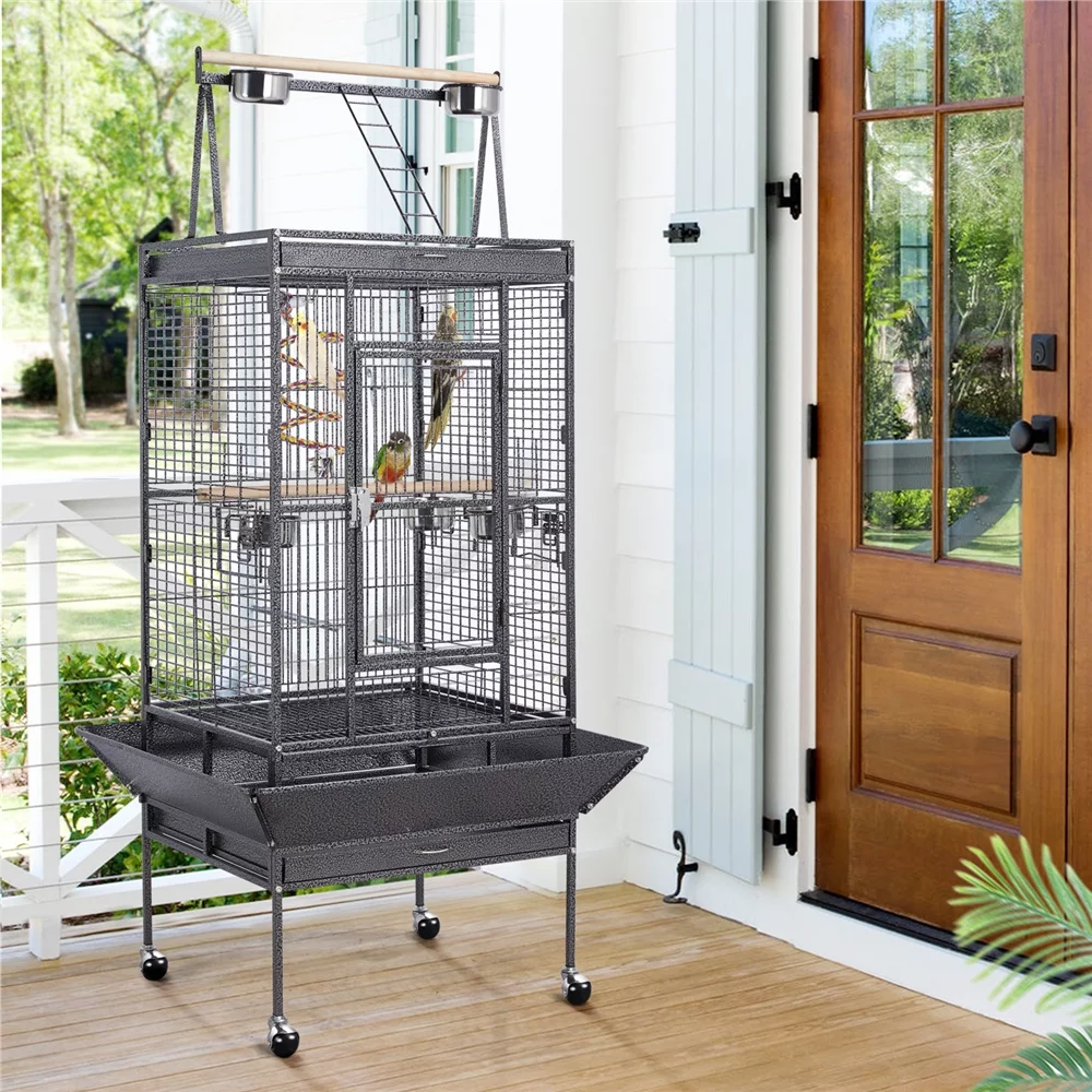 Topeakmart 68.5'' Play Top Parrot Cage Metal Rolling Birdcage, Black