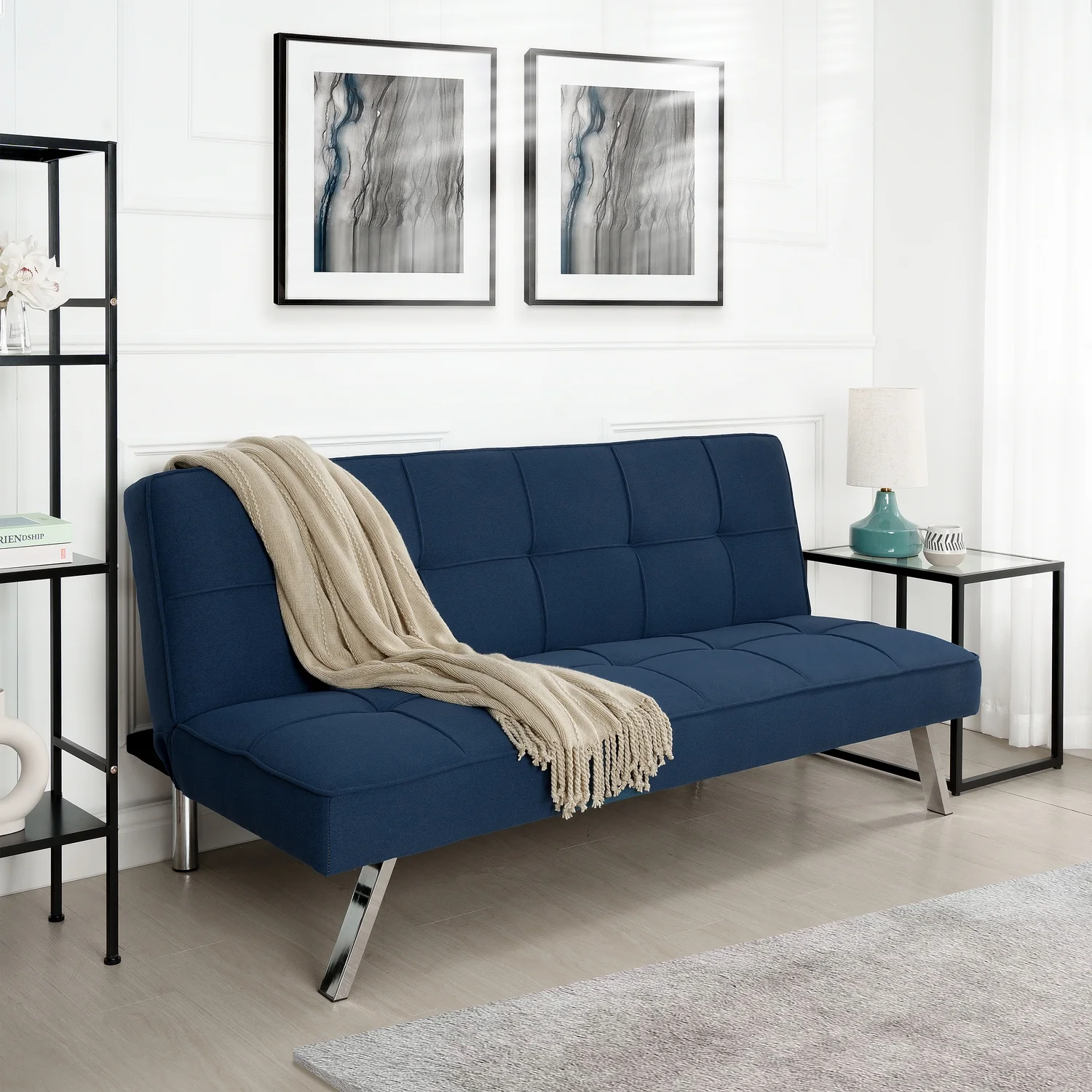 Naomi Home Modern Futon Sofa Bed, Navy Blue, Tufted, Convertible, Linen Fabric, 750 lbs Weight Capacity