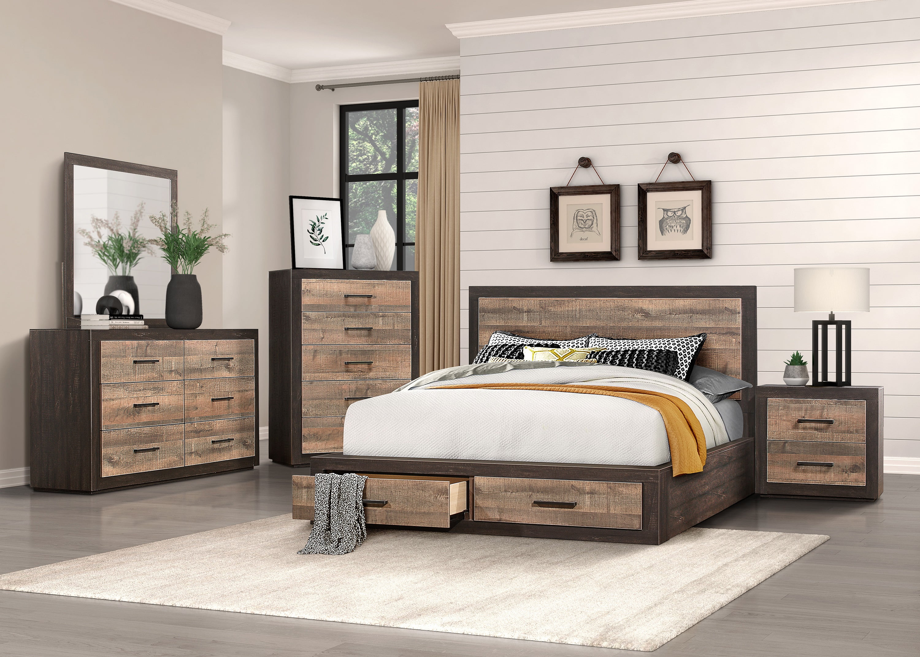 4pc Bedroom set Two-Tone Contrasted Finish Contemporary Style Queen Size Bed Footboard Storage