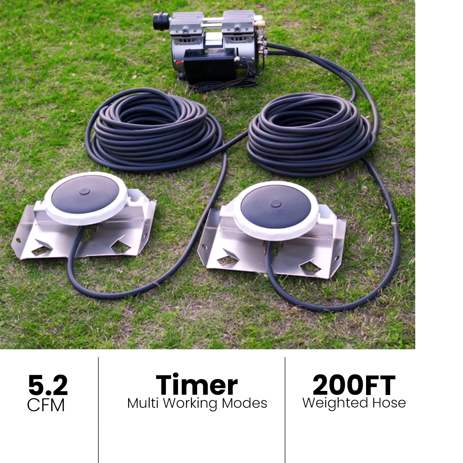 WRSTER-TECH 3/4 HP 5.2CFM Pond Aerator Lake Compressor Timer 200' Tube 2 Diffusers System 550W 3 Acre