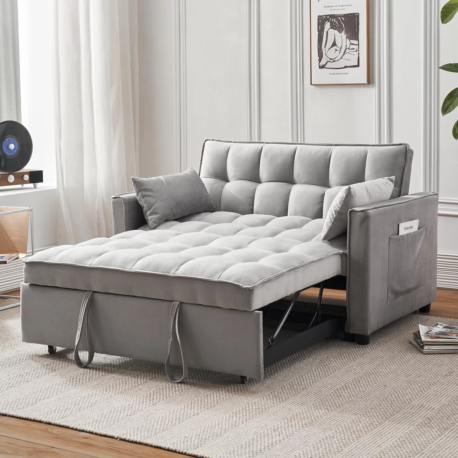 Tzicr 55.5'' 3-in-1 Convertible Sleeper Sofa Bed, Modern Velvet Loveseat Futon Couch Pullout Bed with Adjustable Backrest, Side Storage Pockets and Pillows. (Grey)