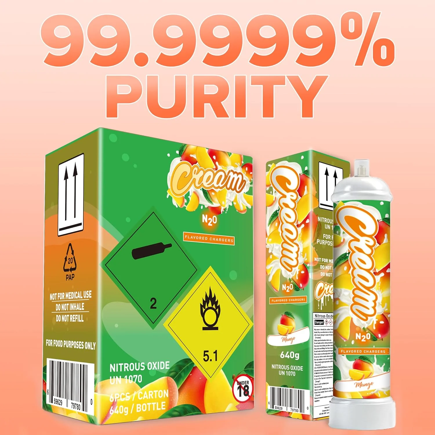 CREAM N2O Nitrous Oxide Whipped Cream Charger (Mango, 1pc, 640g 1.1L) - Nitrous Tank Whip Cream Charger, Nitrous Oxide Canister, N20 Whipped Cream Chargers, Whip It NO2 Cartridges, Nitrous Oxide Tank