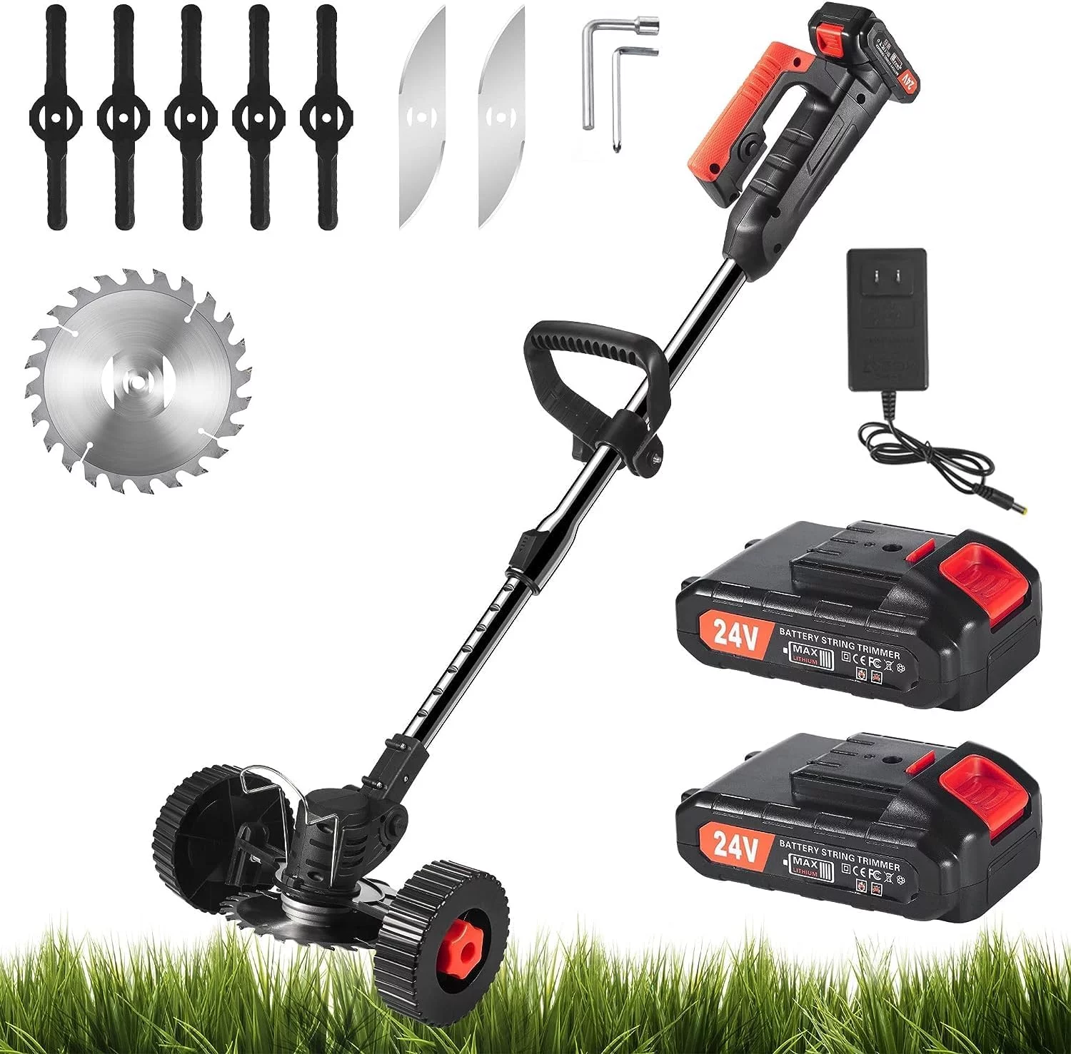 JLLOM Electric Weed Wacker Battery Powered,Cordless String Trimmer Edger with Wheels,Electric Weed Eater Cutter Lawn Mower Edger Tool,Adjustable Handle,3 Function Blades Cutter for Yard and Garden
