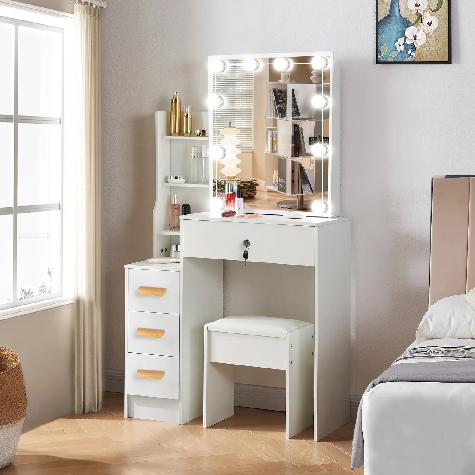 Ciumeeo Makeup Vanity Table with Lighted Mirror, Vanity Desk with Storage Shelves,3 Lighting Modes, Brightness Adjustable, Writing Desk with 4 Drawers White