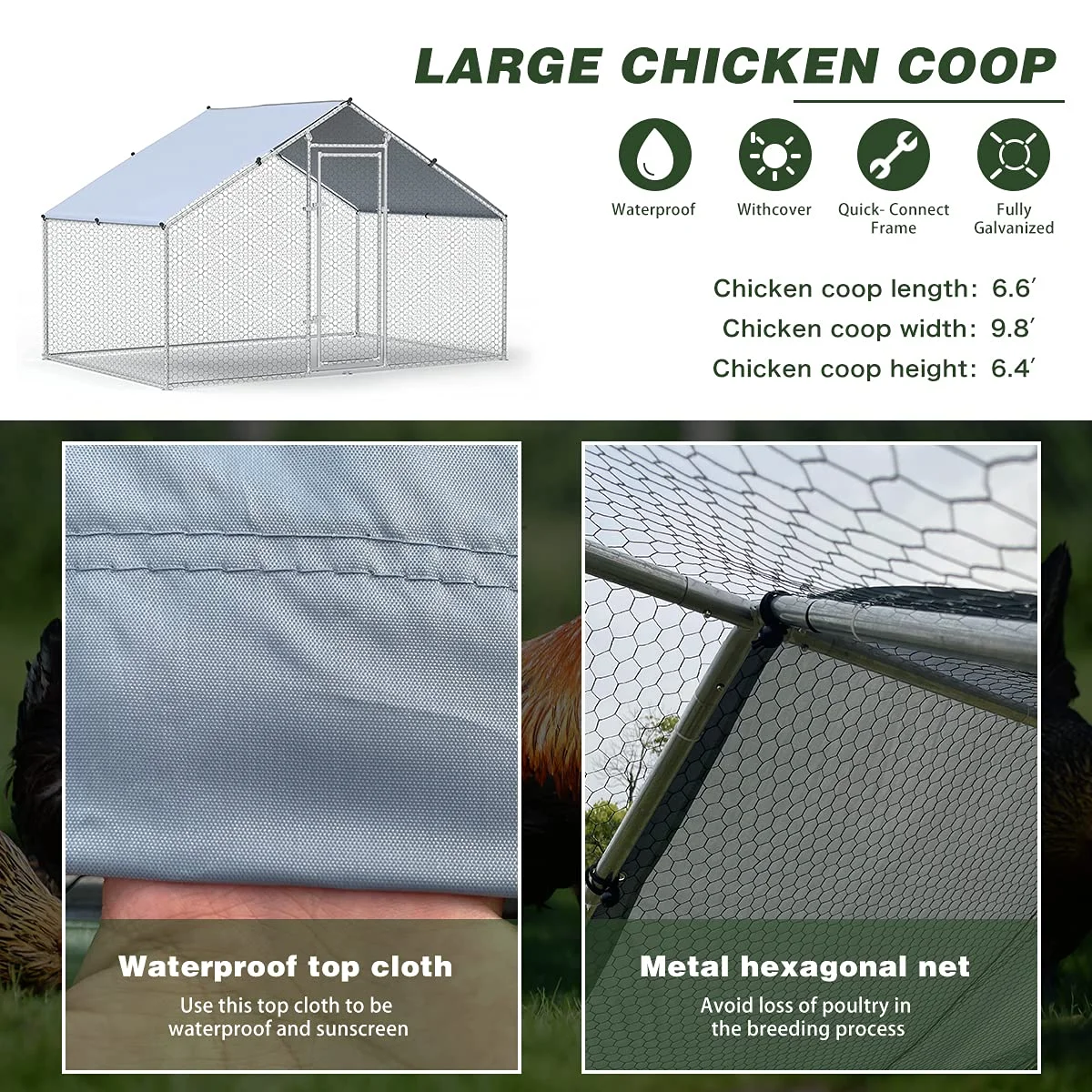 Geeloon Extra Large Chicken Coop Run Pen Cage Hen House W/ Cover 10x7ft, Metal, Walk in