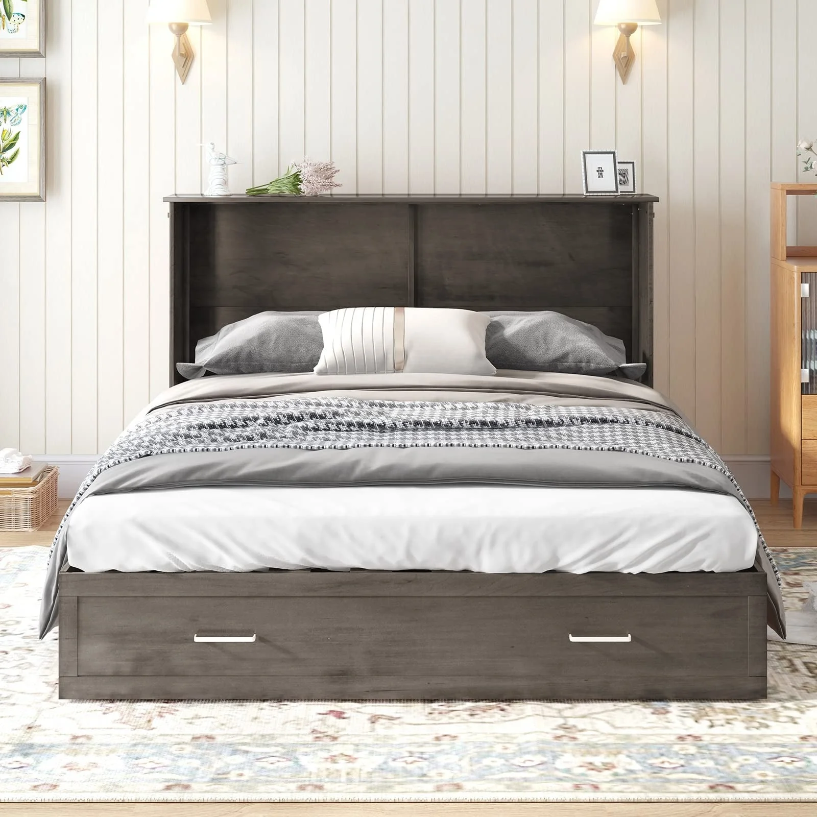 Mixoy Cabinet Murphy Bed Chest with Mattress,Charging Station,Drawers Cherry