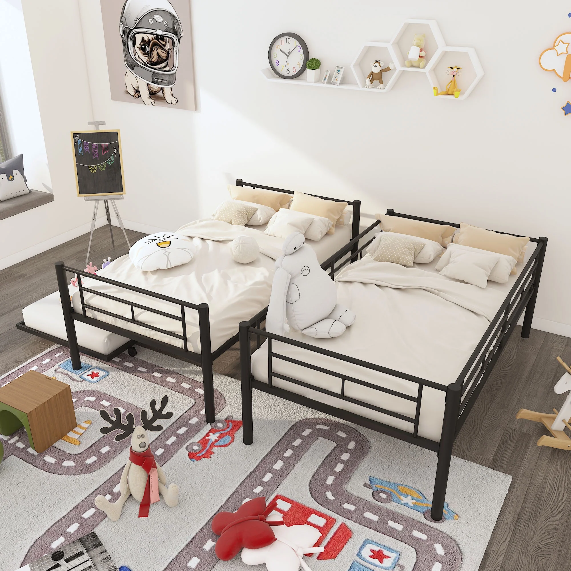 Heavy Duty Metal Bunk Bed Frame with Trundle - Twin Over Twin, Convertible - 3 beds