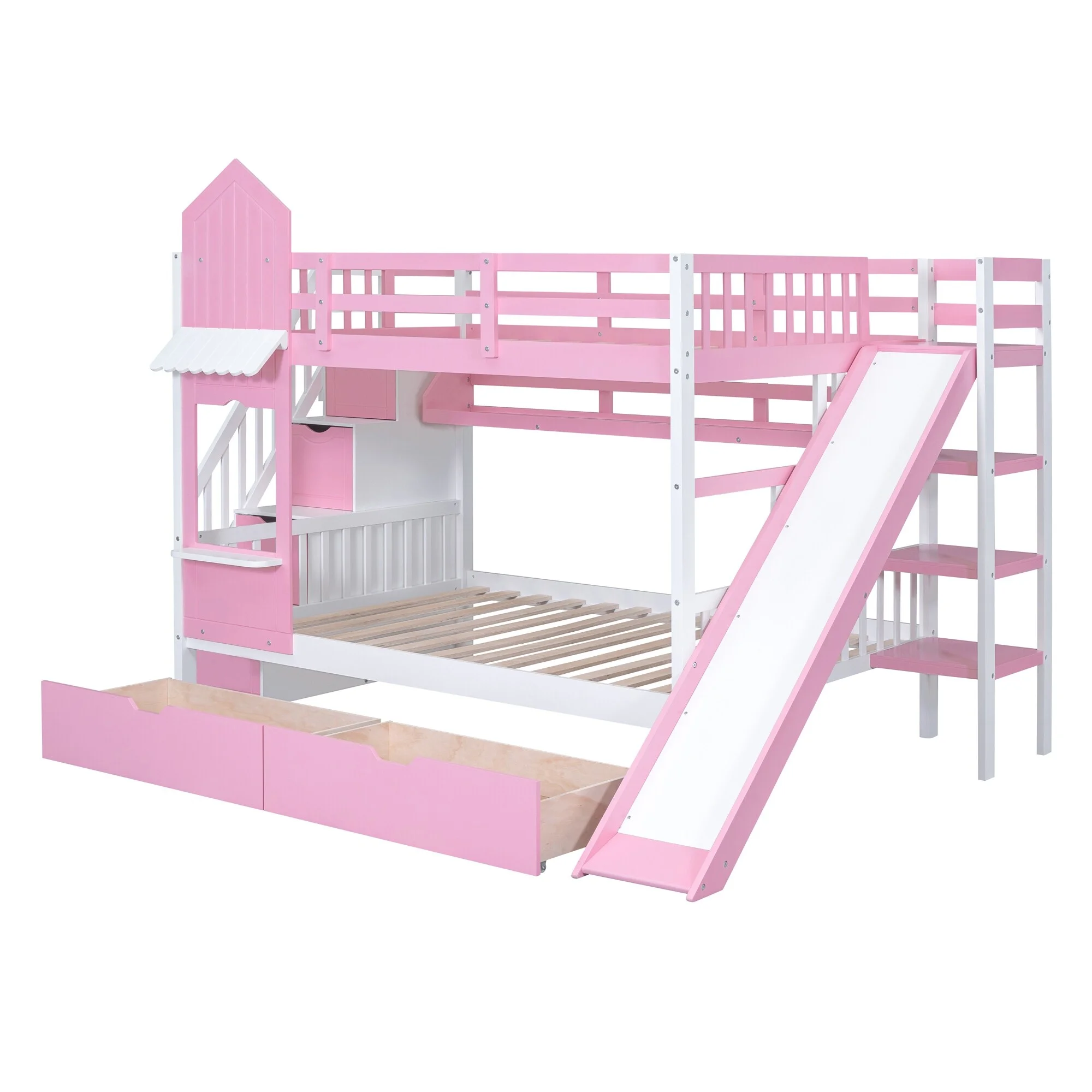 Castle Style Bunk Bed with 2 Drawers, 3 Shelves and Slide Pink - Full