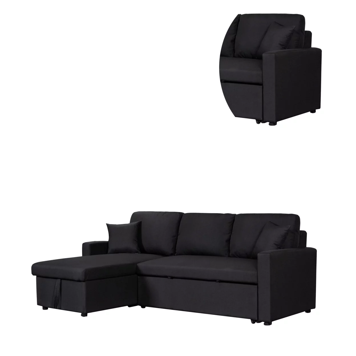 Kip 82 Inch Modern Sleeper Sectional Sofa Bed with Storage Chaise, Black - Saltoro Sherpi