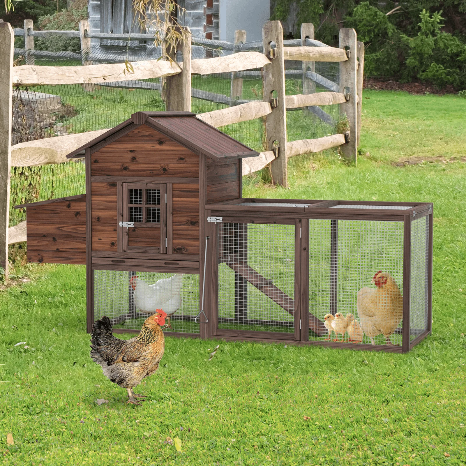 TANGJEAMER Wooden Chicken Coop Large Outdoor Hen House with Nest Box Poultry Cage Rabbit Hutch 80''- Waterproof UV Panel Brown