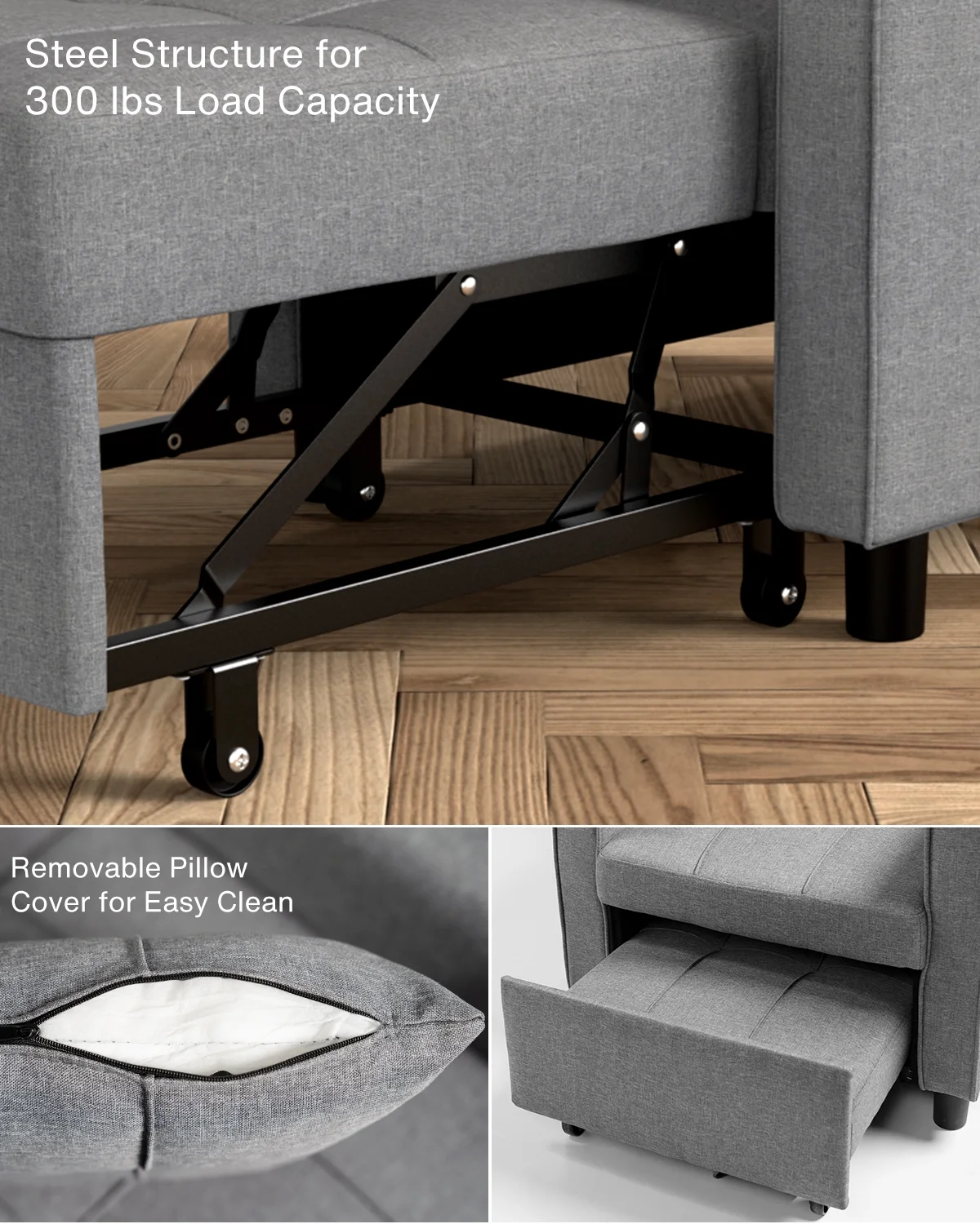 Sofa Beds Chair 3 in 1, Convertible Chair Single Bed, Grey