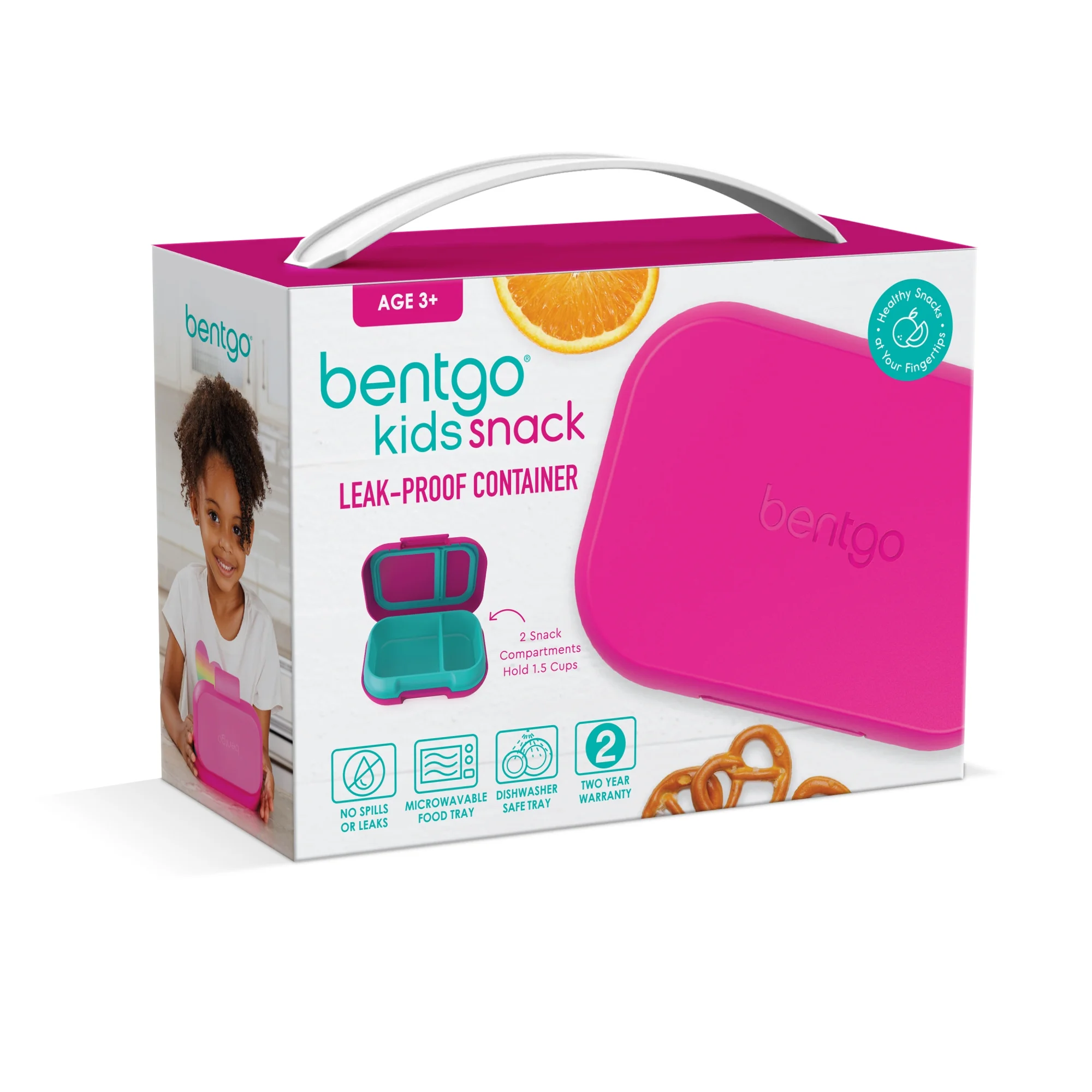 Bentgo Kids Snack - 2 Compartment Leak-Proof Bento-Style Food Storage for Snacks and Small Meals, Easy-Open Latch, Dishwasher Safe, and BPA-Free - Ideal for Ages 3+ (Fuchsia/Teal)