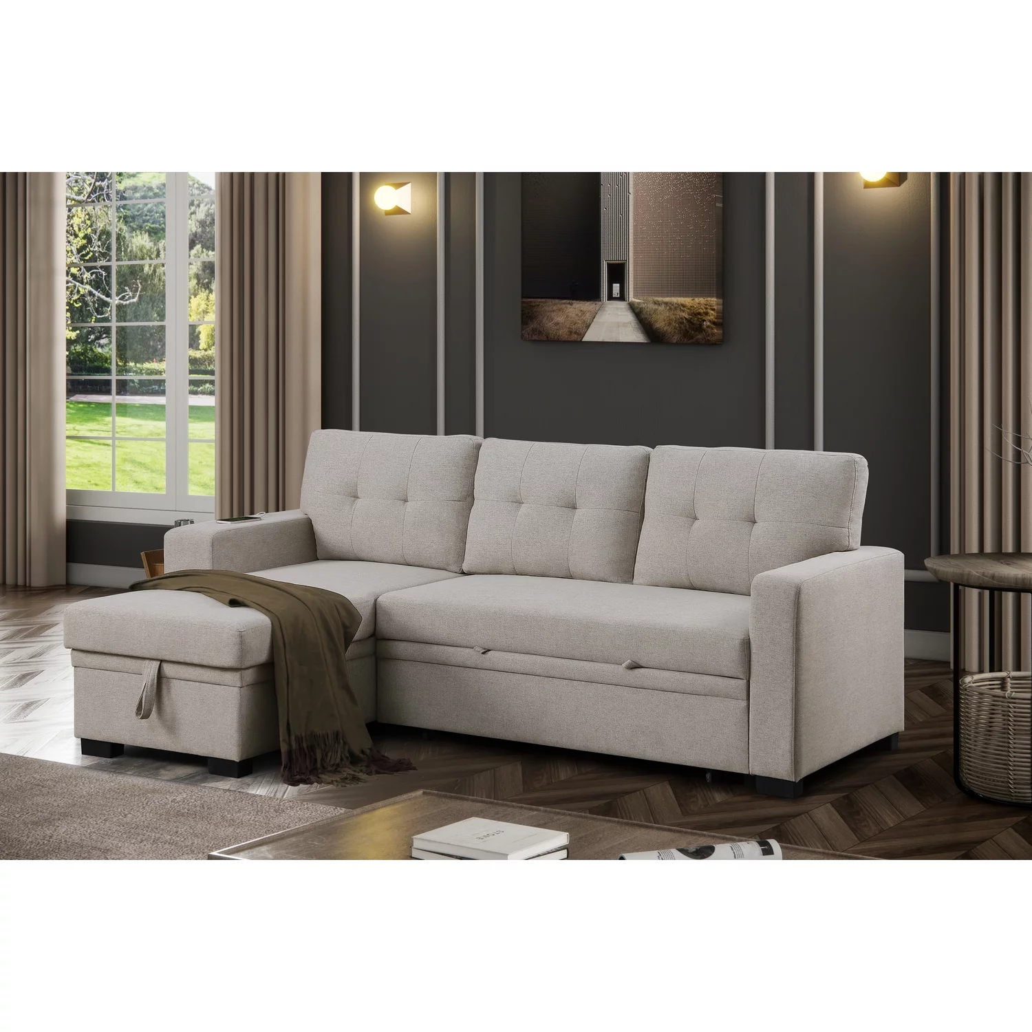 Devion Furniture Fabric Reversible Modern Side Compartment Sleeper Sectional Sofa Bed-Light Gray