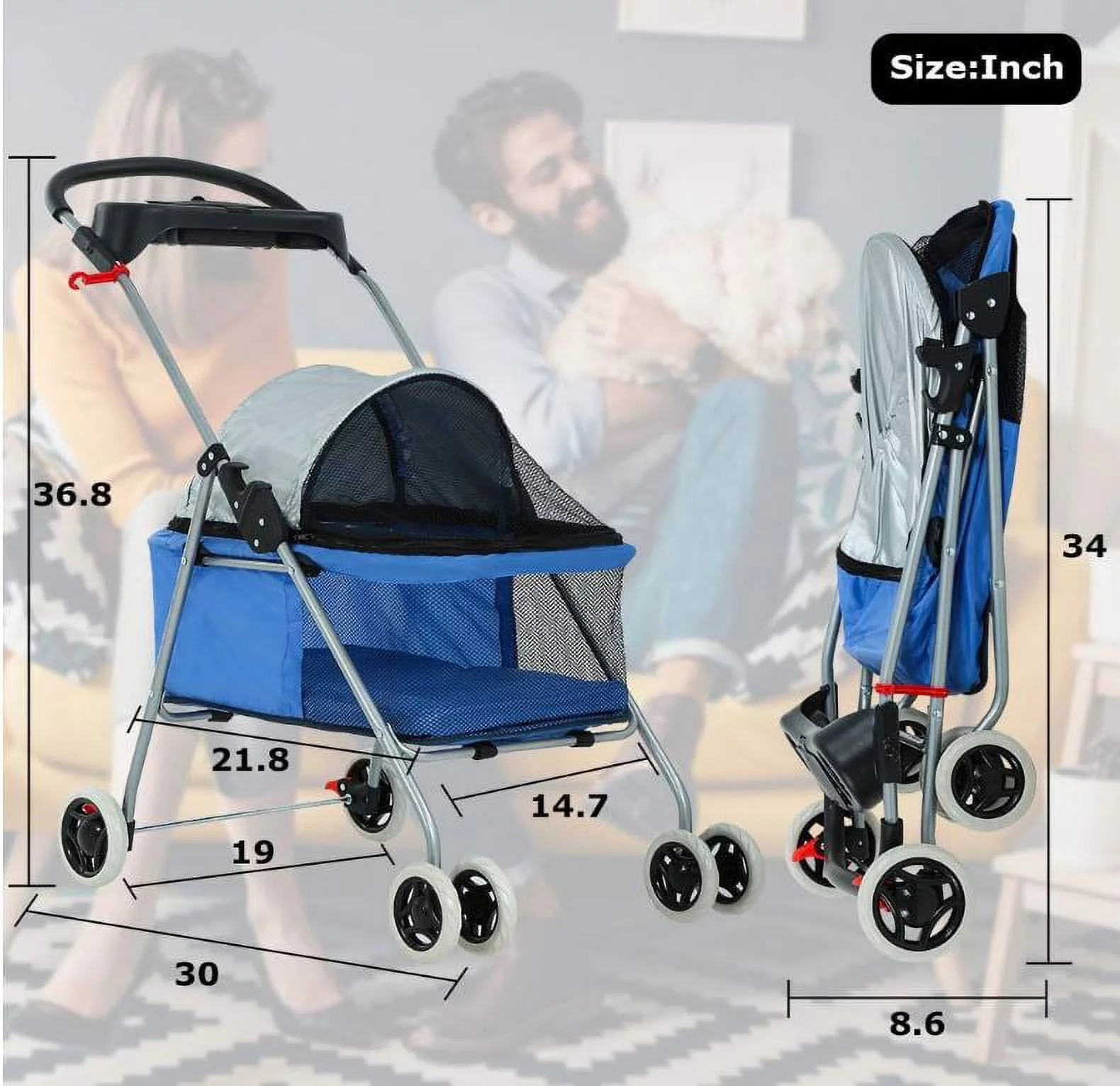 BestPet Blue Skin 4 Wheels Posh Pet Stroller with Cup Holder