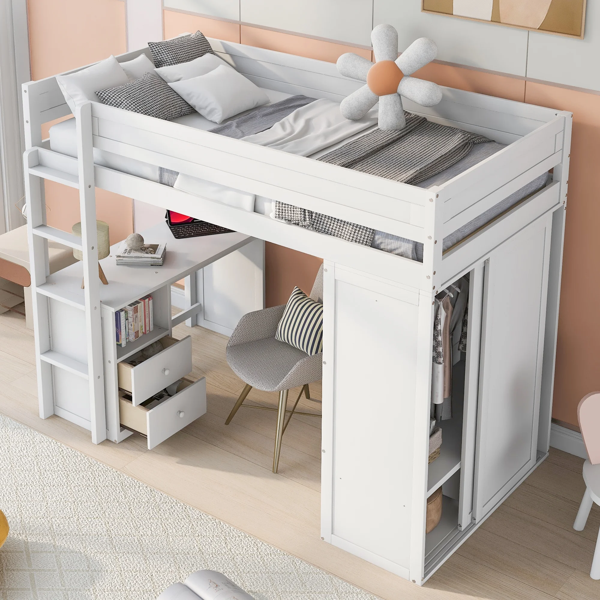 Twin Wood Loft Bed with Wardrobes and 2-Drawer Desk with Cabinet, Loft Twin Bed with Desk for Teenagers, Multiple Functions Bed, Easy to Assemble (White)