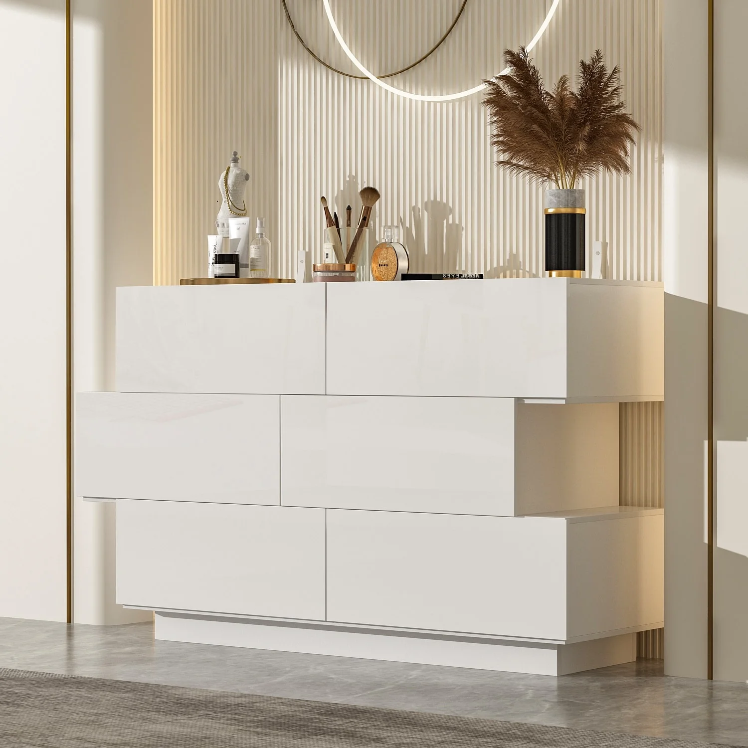 High Glossy Six-Drawer Dresser Chest with Off-Set Design (Black/White) White