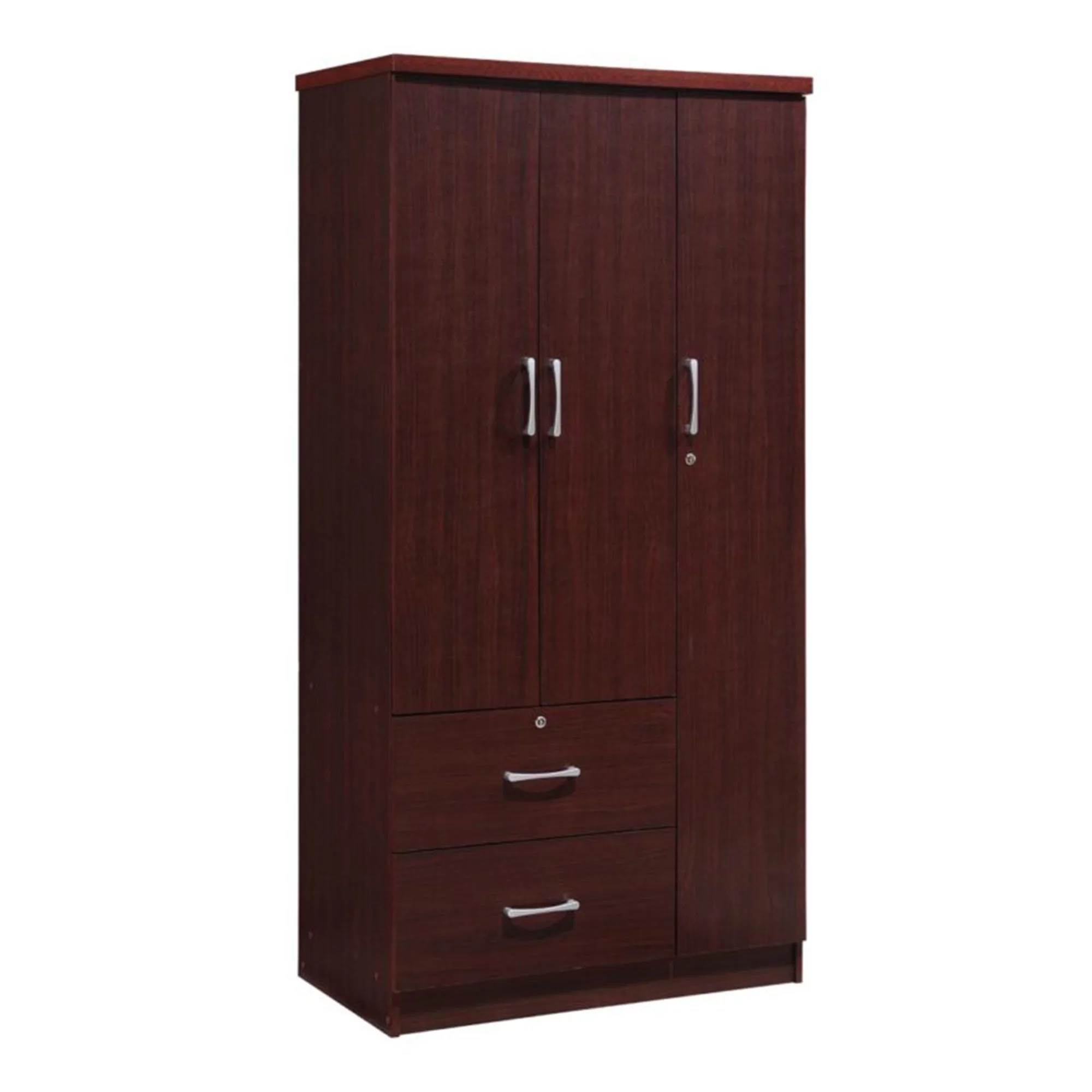 Hodedah Import 3 Door Armoire with Rod, Shelves, and 2 Drawers, Mahogany