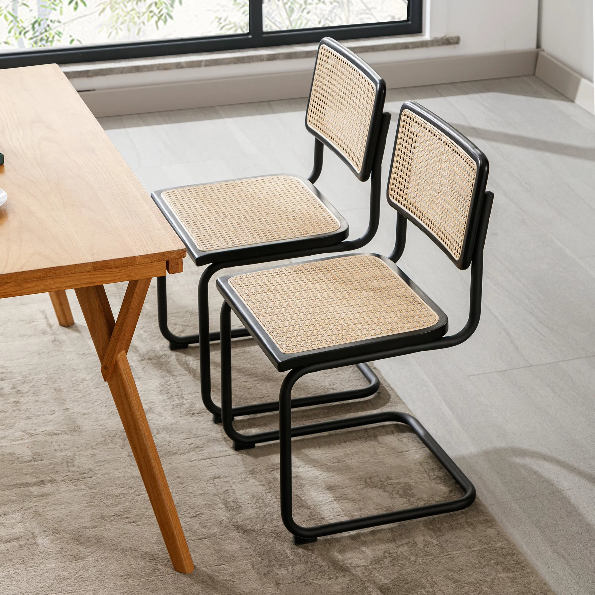 ONEVOG Rattan Dining Chairs Set of 2, Mid Century Modern Kitchen Chairs with Black Meal Legs, Armless Cane Chairs, Black