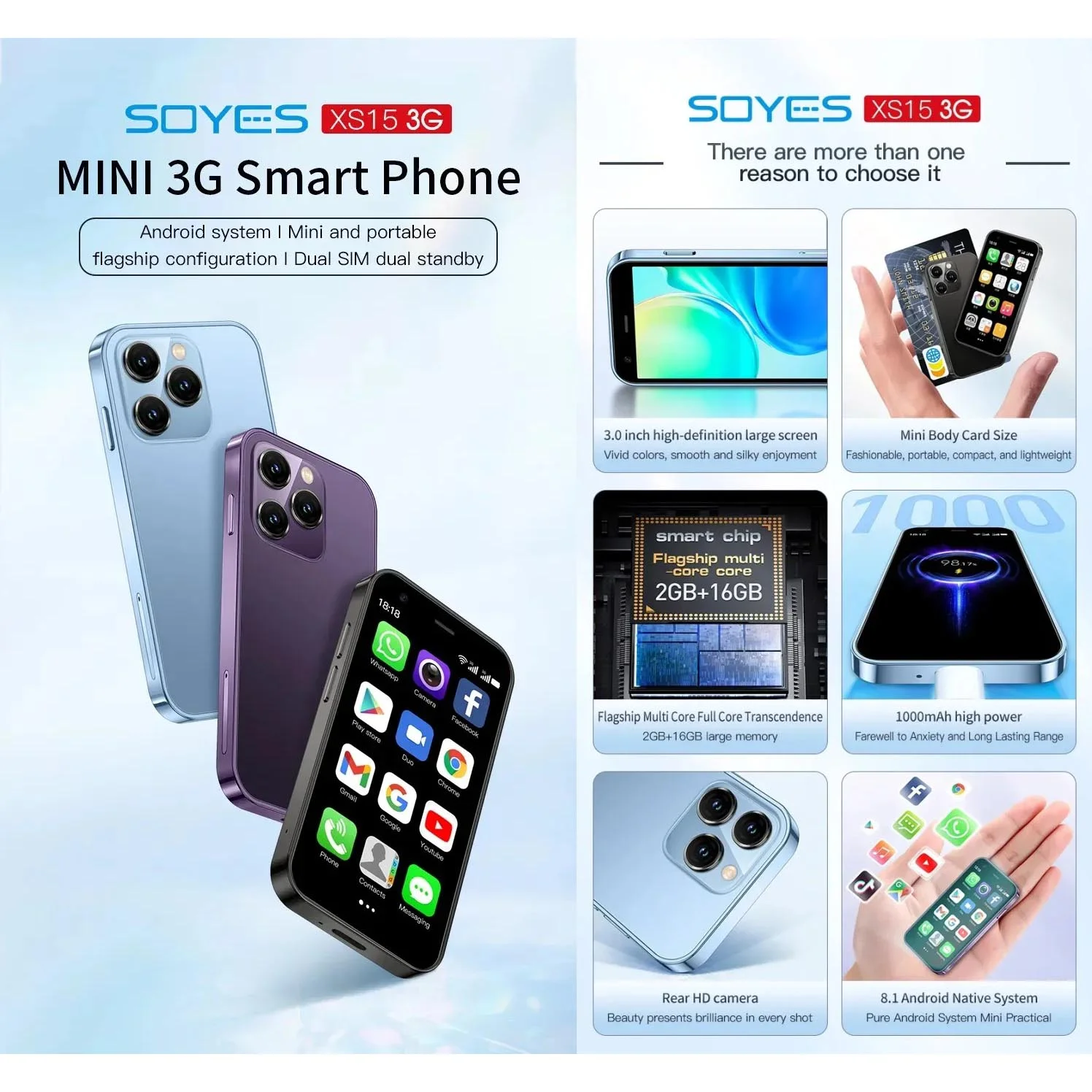 SOYES XS15 Ultra-thin 3.0Inch Small Phone 2GB+16GB Android 8.1 Dual SIM Standby 3G Mini Smartphone 1000mAh Wifi GPS Mobile Phone