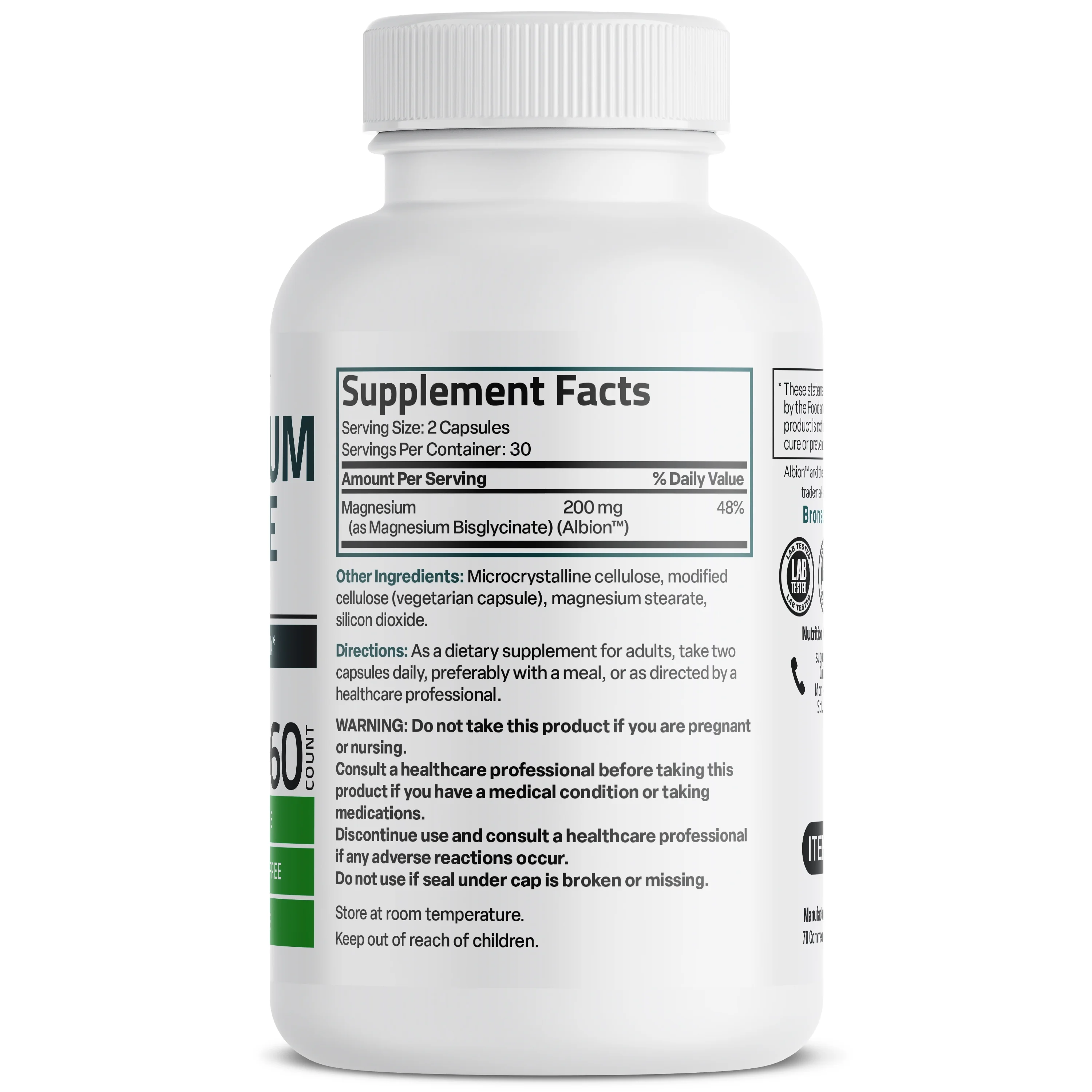 Bronson Magnesium Glycinate 200 MG per Serving 100% Chelated for High Absorption, Gentle On Stomach, Non-GMO, 60 Vegetarian Capsules