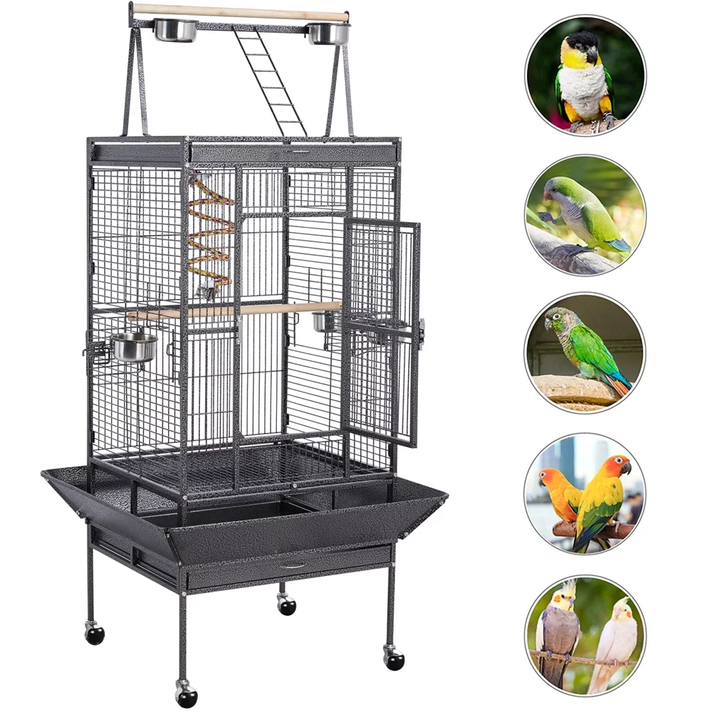 Topeakmart 68.5'' Play Top Parrot Cage Metal Rolling Birdcage, Black
