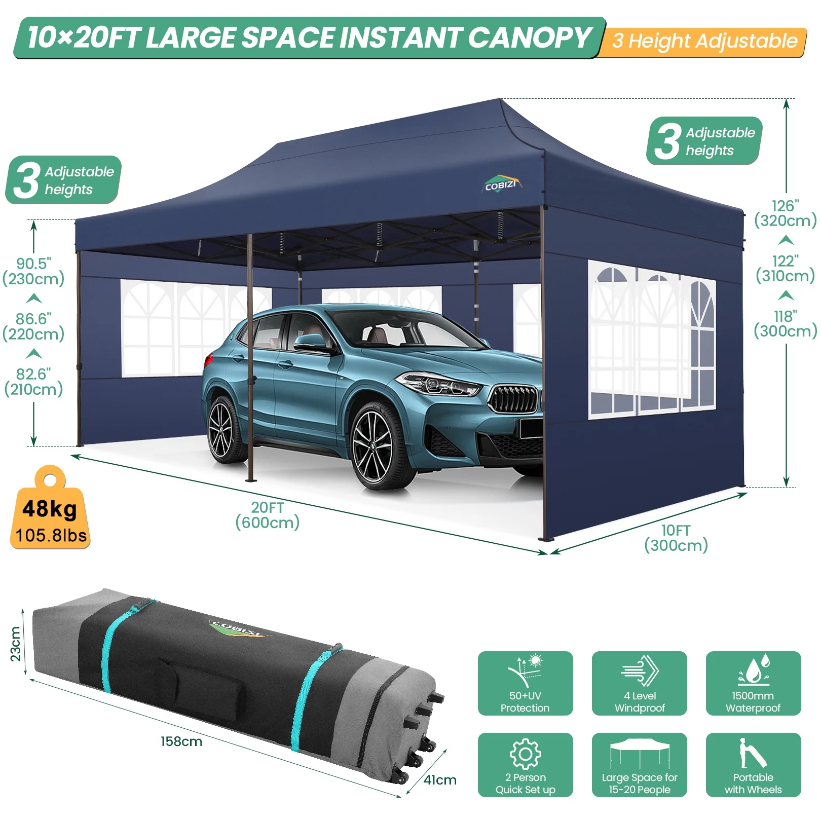 COBIZI 10x20 Pop Up Canopy Tent Heavy Duty with 6 Removable Sidewalls,Commercial Heavy Duty Pop Up Tent for Parties Waterproof and UV 50+ Wedding Tent with Roller Bag(Dark Blue)
