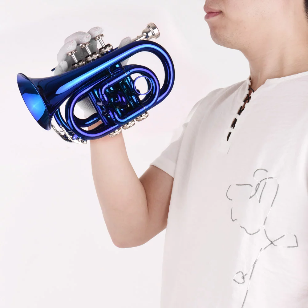 Muslady Mini Pocket Trumpet Bb Flat Brass Material Wind Instrument with Mouthpiece Gloves Cleaning Cloth Carrying Case