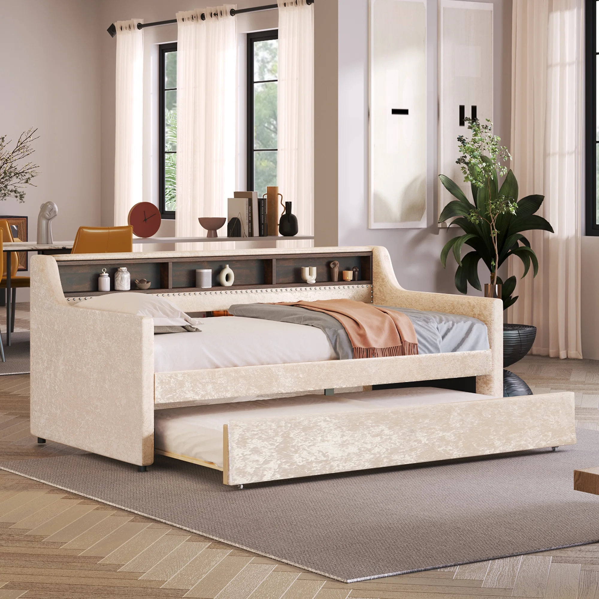 Churanty Twin Size Upholstered Daybed with Trundle and Built-in Storage Shelves, Snowflake Velvet Sofa Bed Wood Day Bed Frame for Bedroom Living Room Guest Room, Beige
